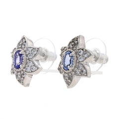 Grandes clous d'oreilles en argent sterling 925 avec tanzanite et topaze blanche et fleurs percées
