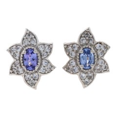 Sterling Silver Tanzanite & White Topaz Large Stud Earrings 925 Flowers Pierced
