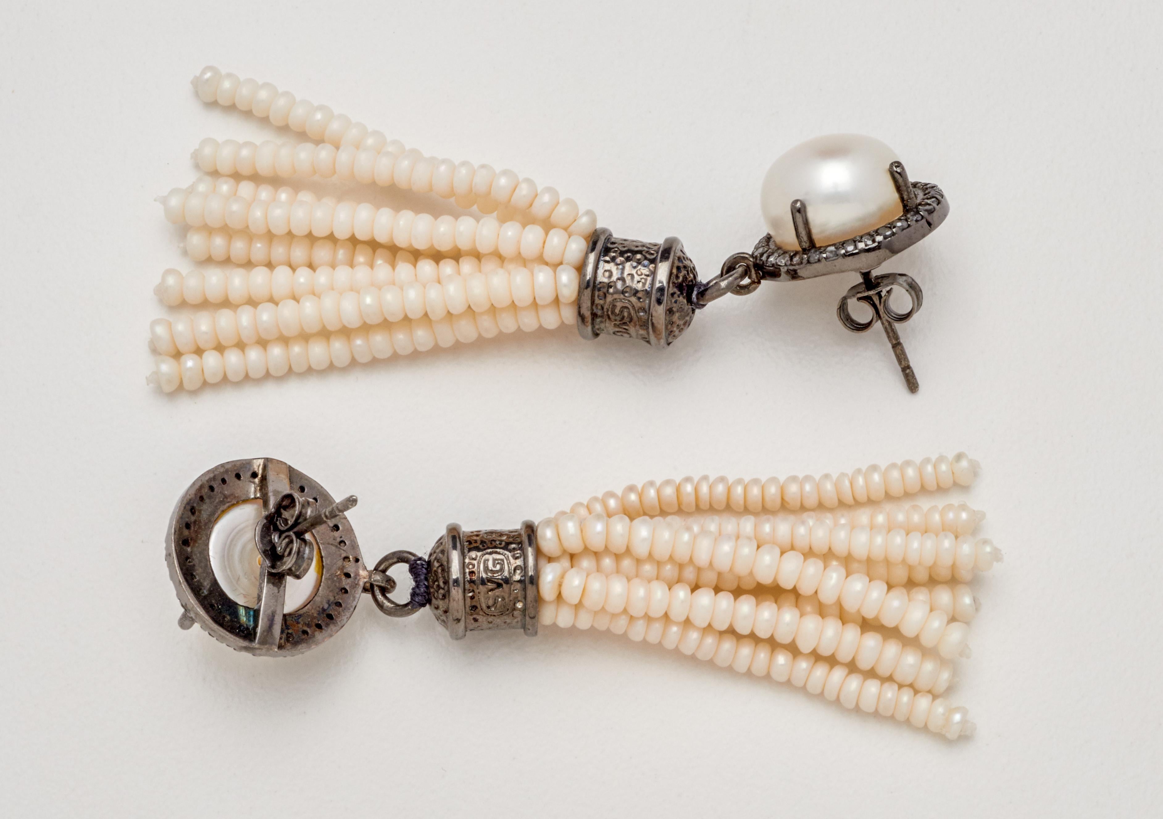 Sterling Silver Tassel Akoya Pearl Drop Earrings  im Zustand „Neu“ in Mount Kisco, NY