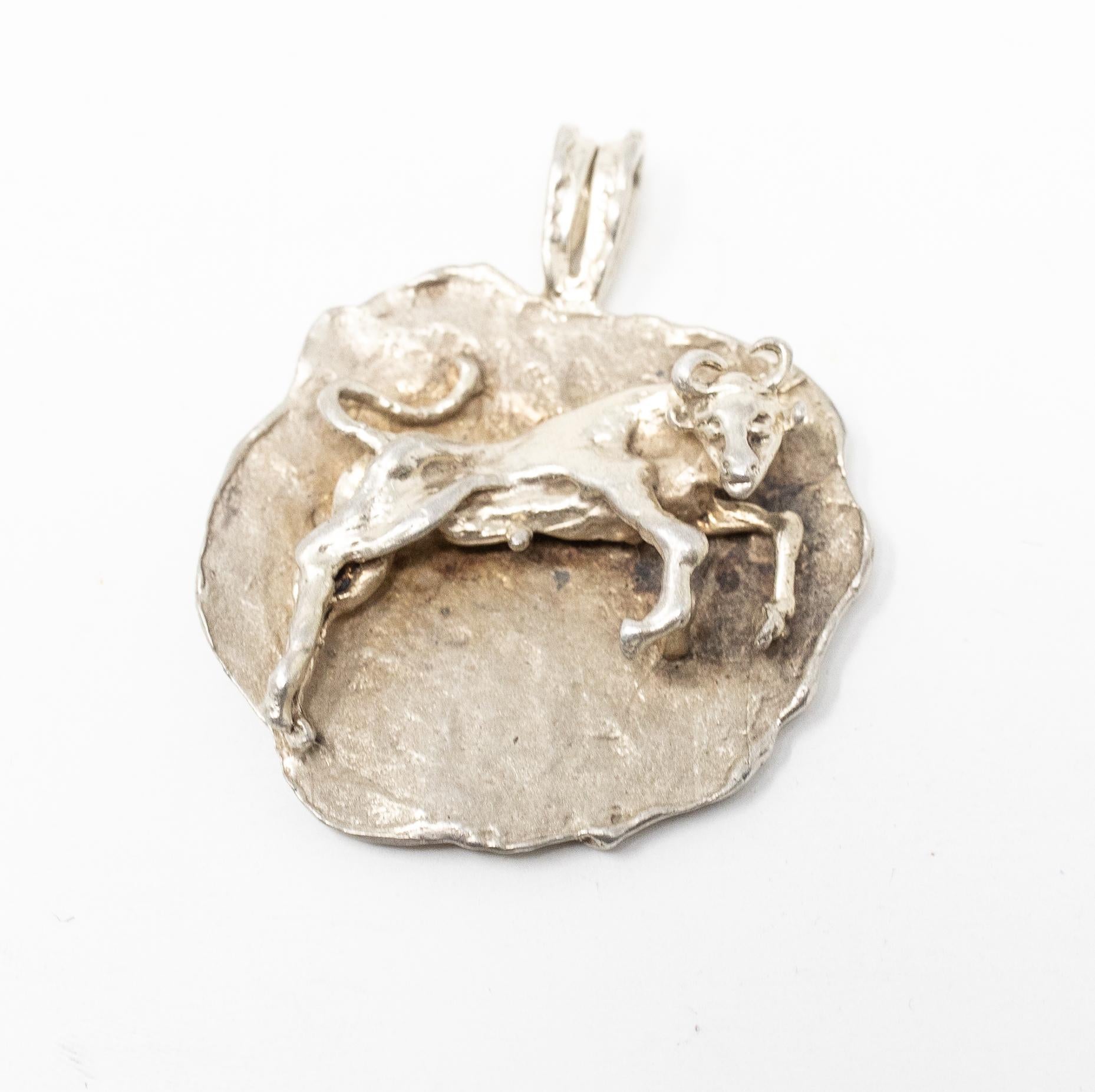Hand-Crafted Sterling Silver Taurus Pendant, Vintage For Sale