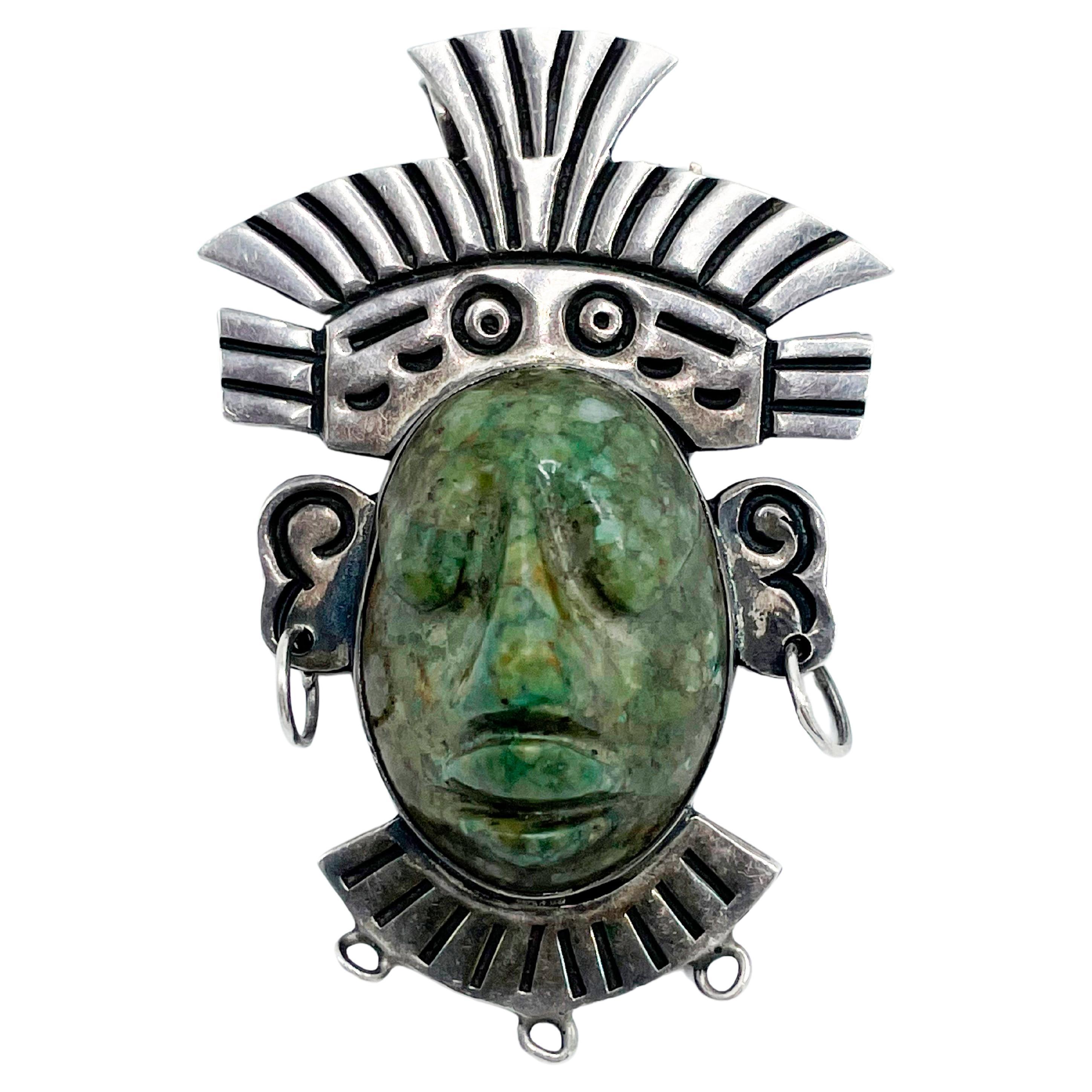 Sterling Silver Taxco Mexico Mayan Face Figural Brooch pin For Sale