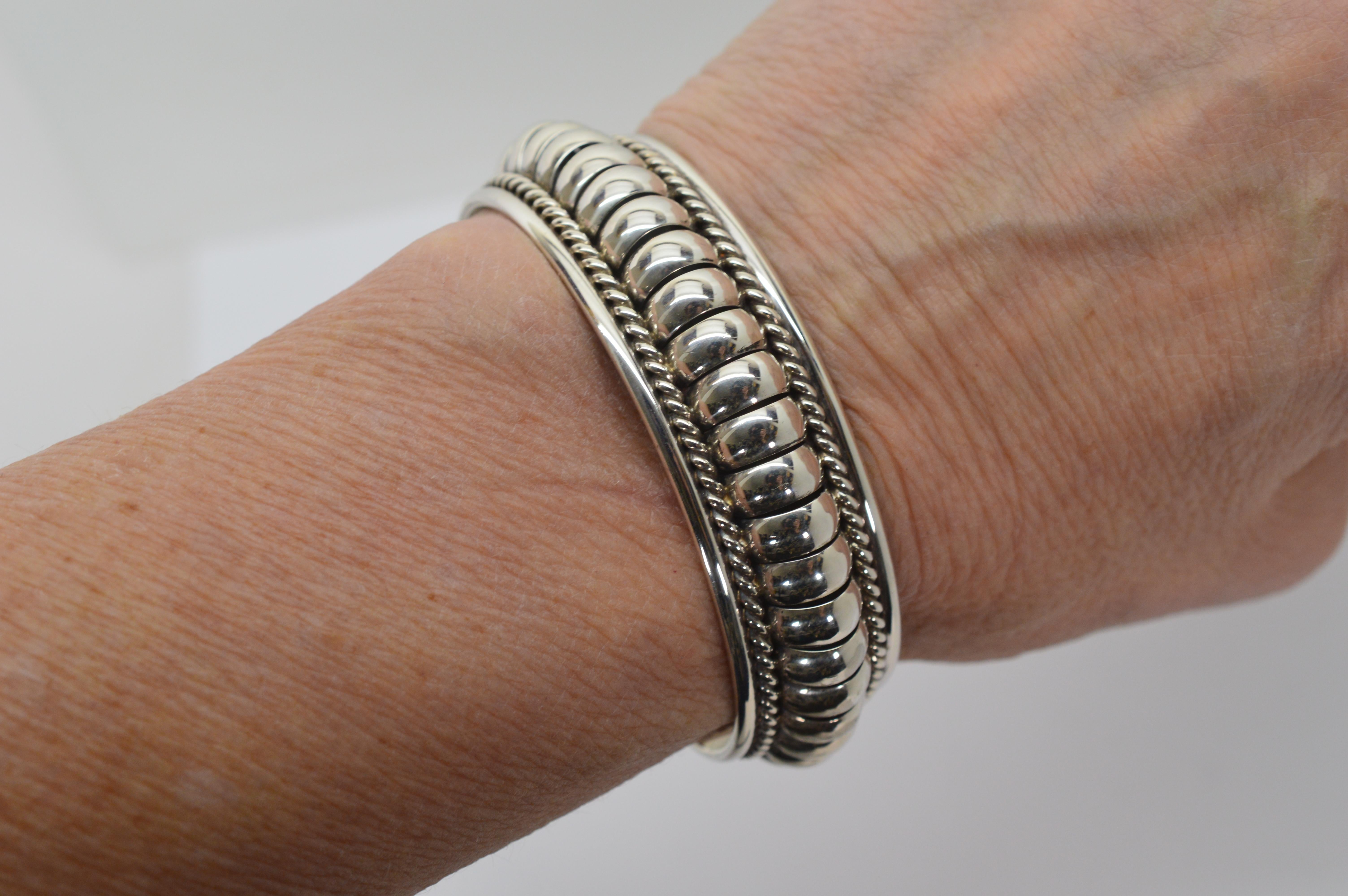 Women's or Men's Sterling Silver TC Water Bead Design Cuff Bracelet For Sale
