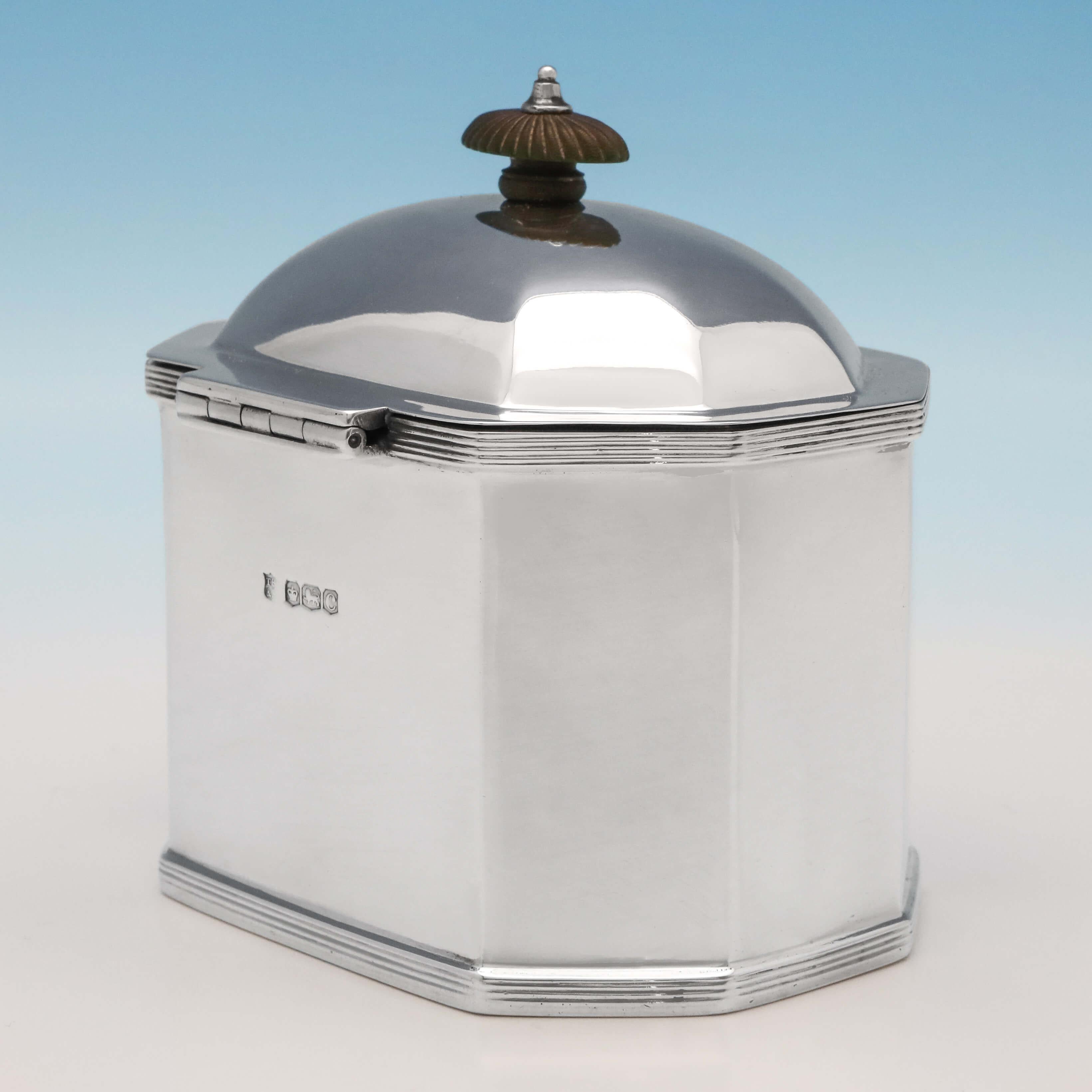 Art Deco Octagonal Antique Sterling Silver Tea Caddy from 1920 by Thomas Bradbury & Sons