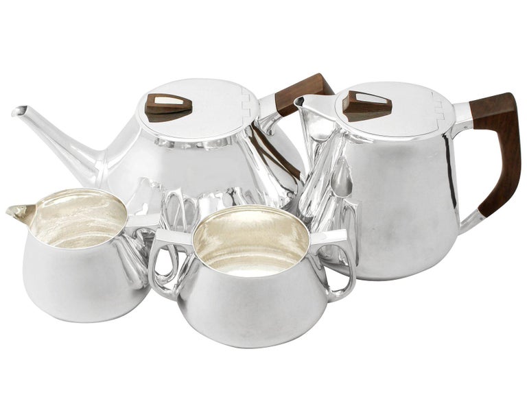 An exceptional, fine and impressive vintage Elizabeth II English sterling silver four-piece tea and coffee set and matching tray; an addition to our silver teaware collection

This exceptional vintage Elizabeth II sterling silver four piece tea