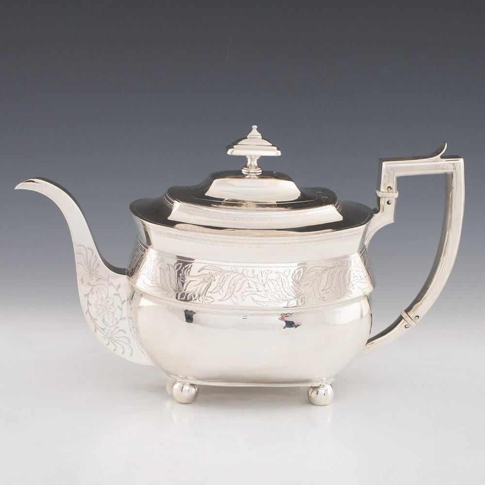 Sterling Silver Tea Set Edinburgh, 1810

Additional information:
Date : Hallmarked in Edinburgh in 1809 and the teapot in 1810 for James McKay
Period : George III
Origin : Edinburgh, United Kingdom
Decoration : Stippled and chased floral and foliate