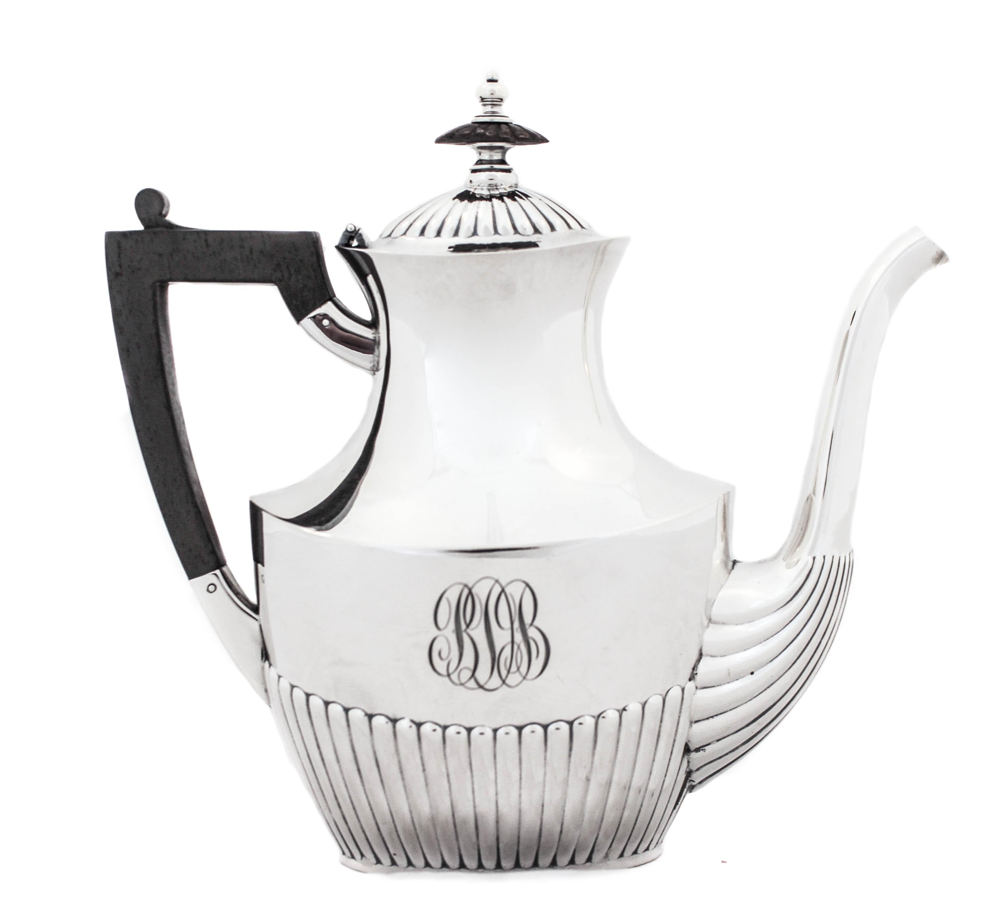 We are thrilled to offer you this sterling silver tea set by Gorham Silversmiths, hallmarked 1874. This one hundred and fifty years old set has been lovingly restored to it’s original beauty. We removed all the dents, dings and scratches but made