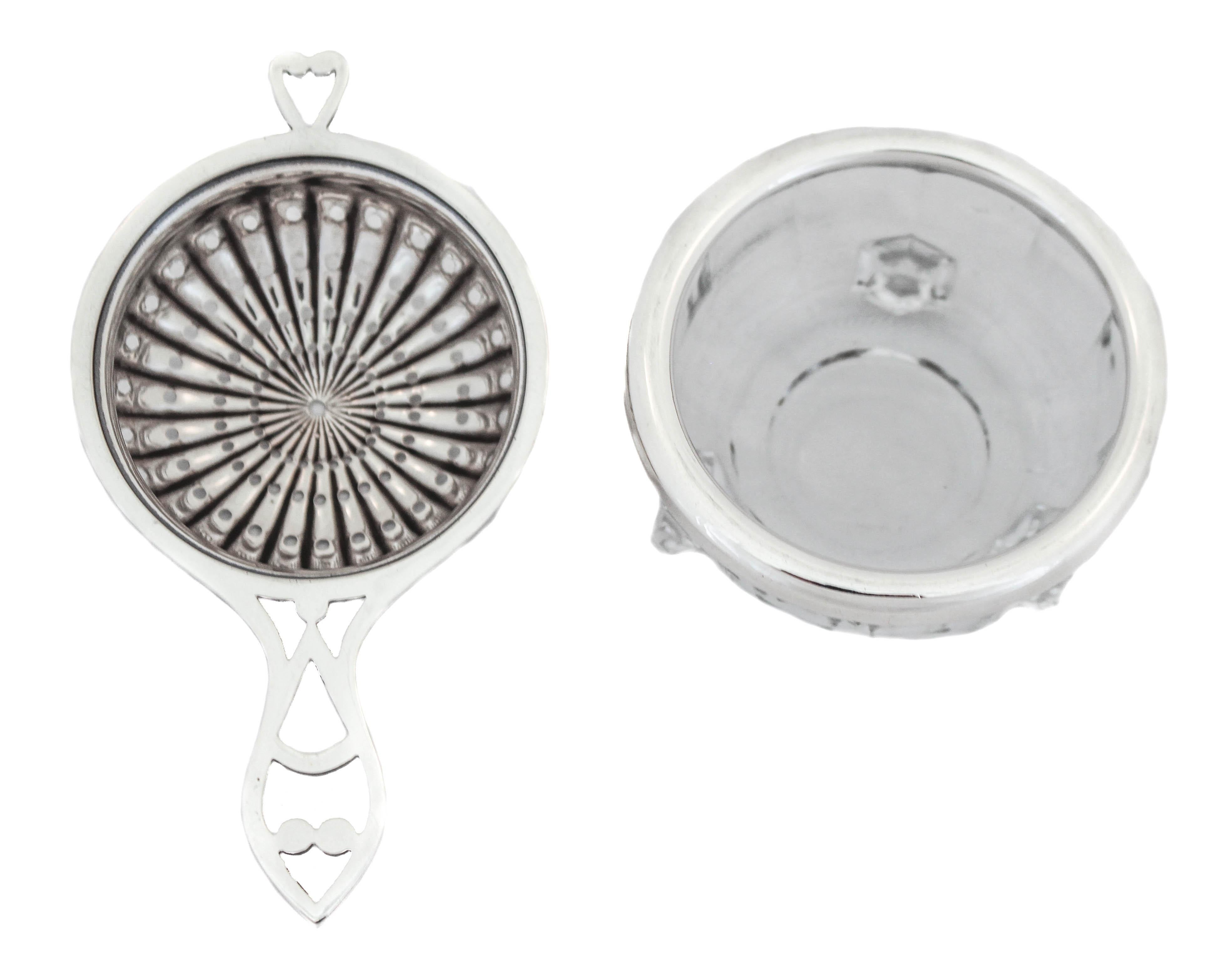 silver tea strainer with drip bowl
