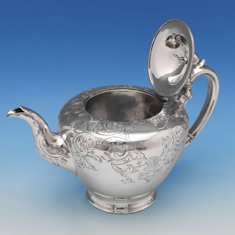 Victorian Engraved Antique Sterling Silver Teapot London 1850 Burrows and Pearce at 1stDibs