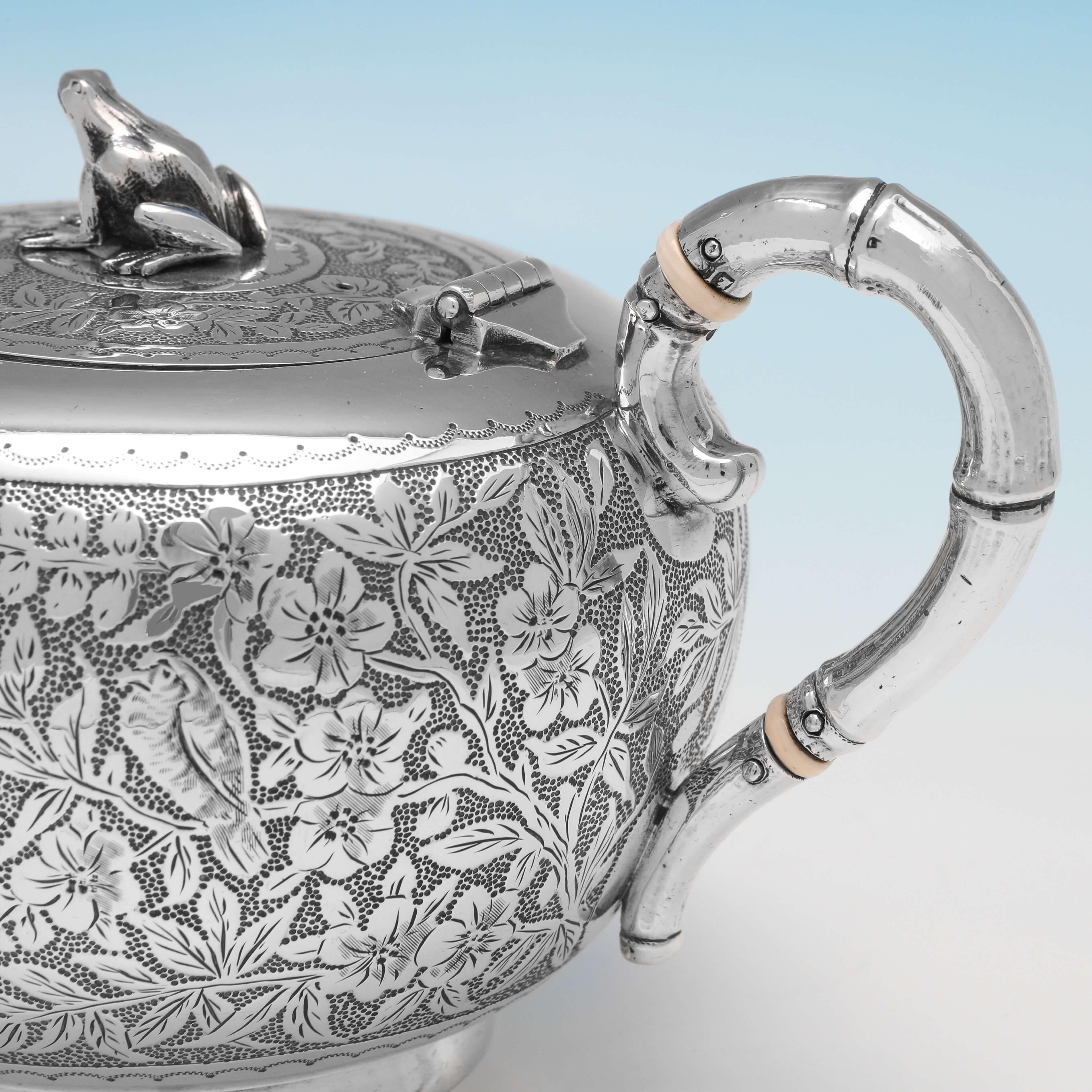 Sterling Silver Aesthetic Design Antique English Silver Teapot, Hallmarked London, 1890