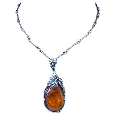 Sterling Silver Tear Drop Amber Floral Pendant Necklace #21279