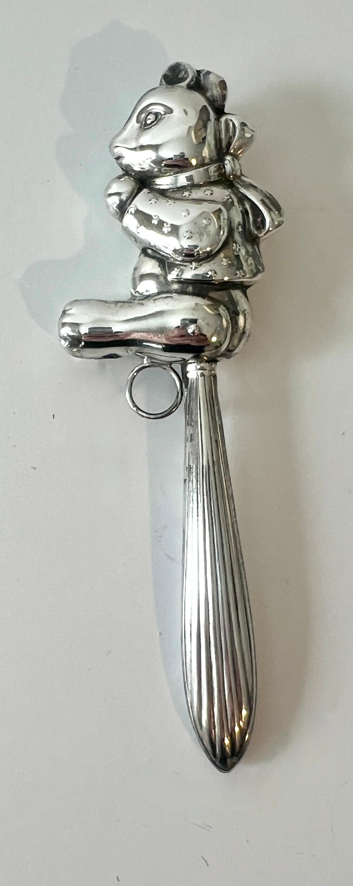 Victorian Sterling Silver Teddy Bear Baby Rattle For Sale