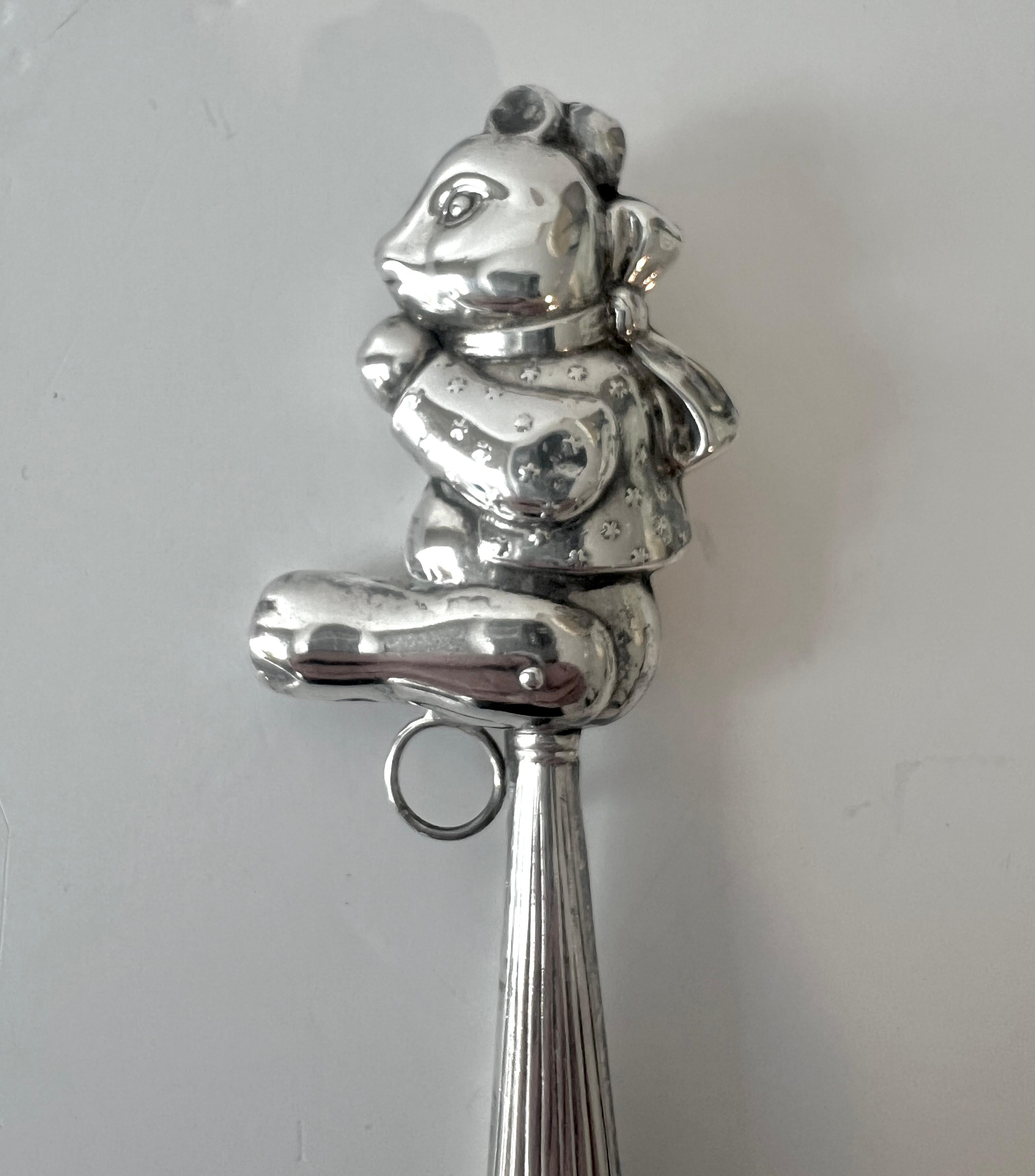 Sterling Silver Teddy Bear Baby Rattle In Good Condition For Sale In Los Angeles, CA