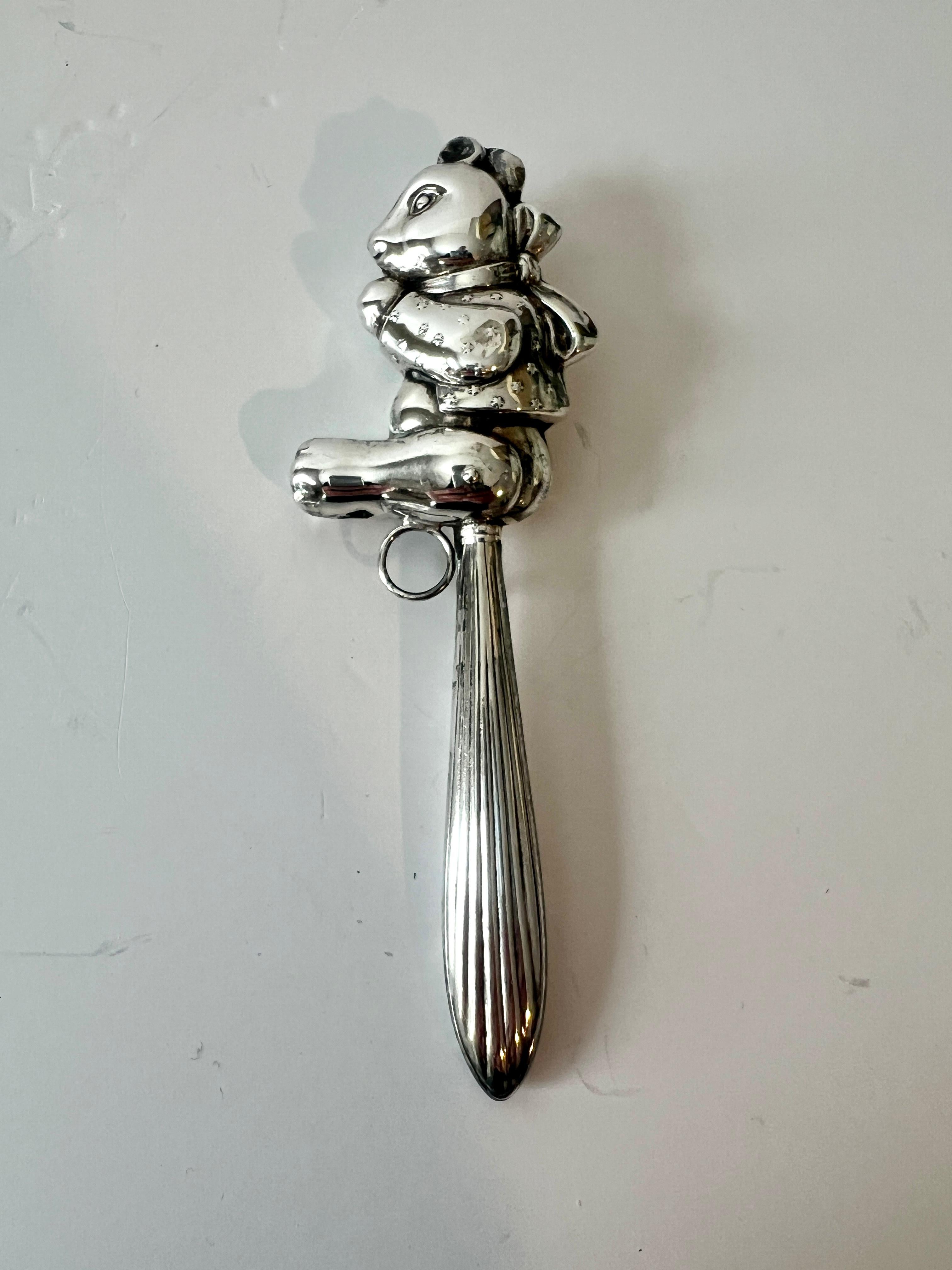 20th Century Sterling Silver Teddy Bear Baby Rattle For Sale