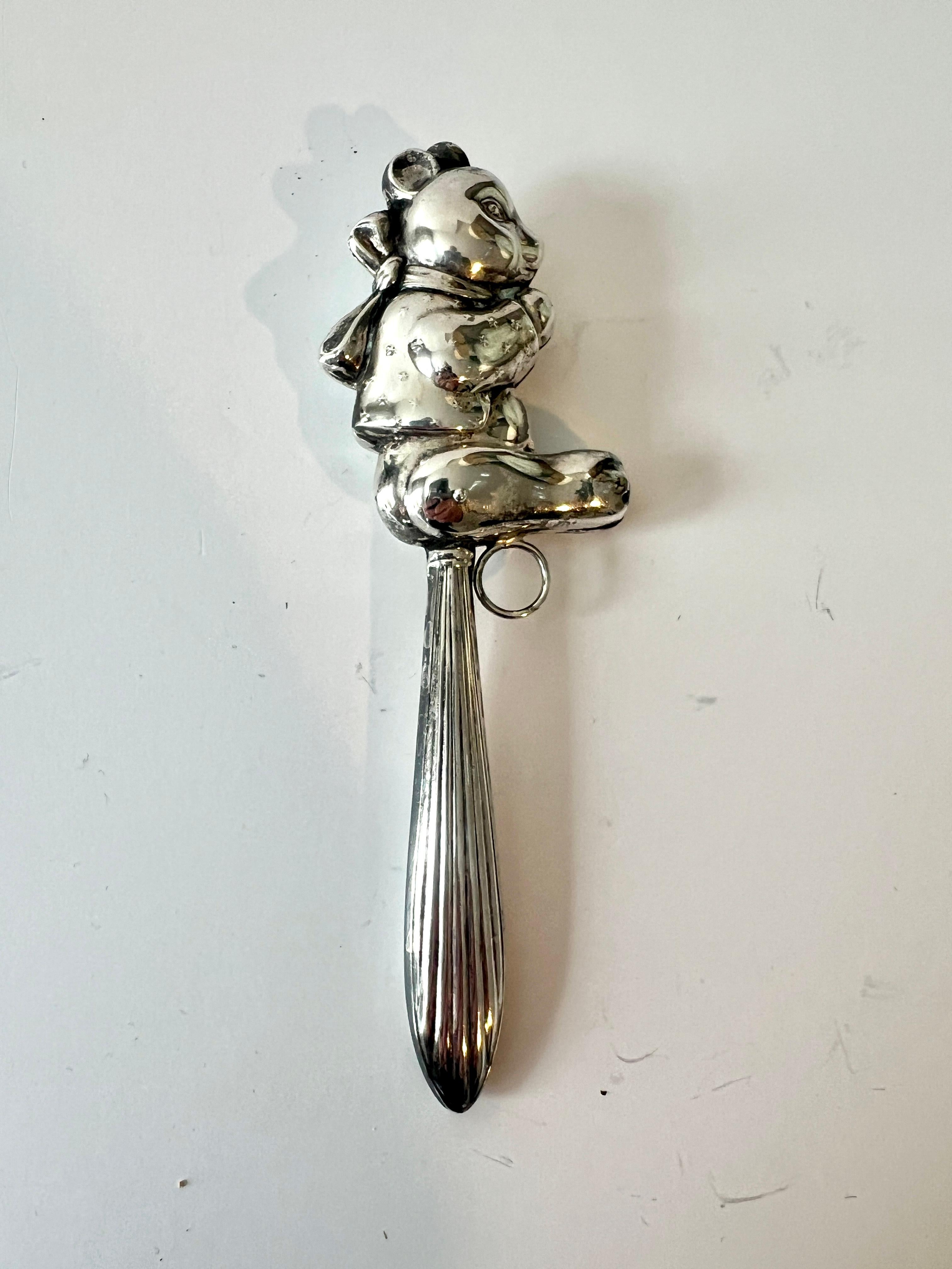 Sterling Silver Teddy Bear Baby Rattle For Sale 1