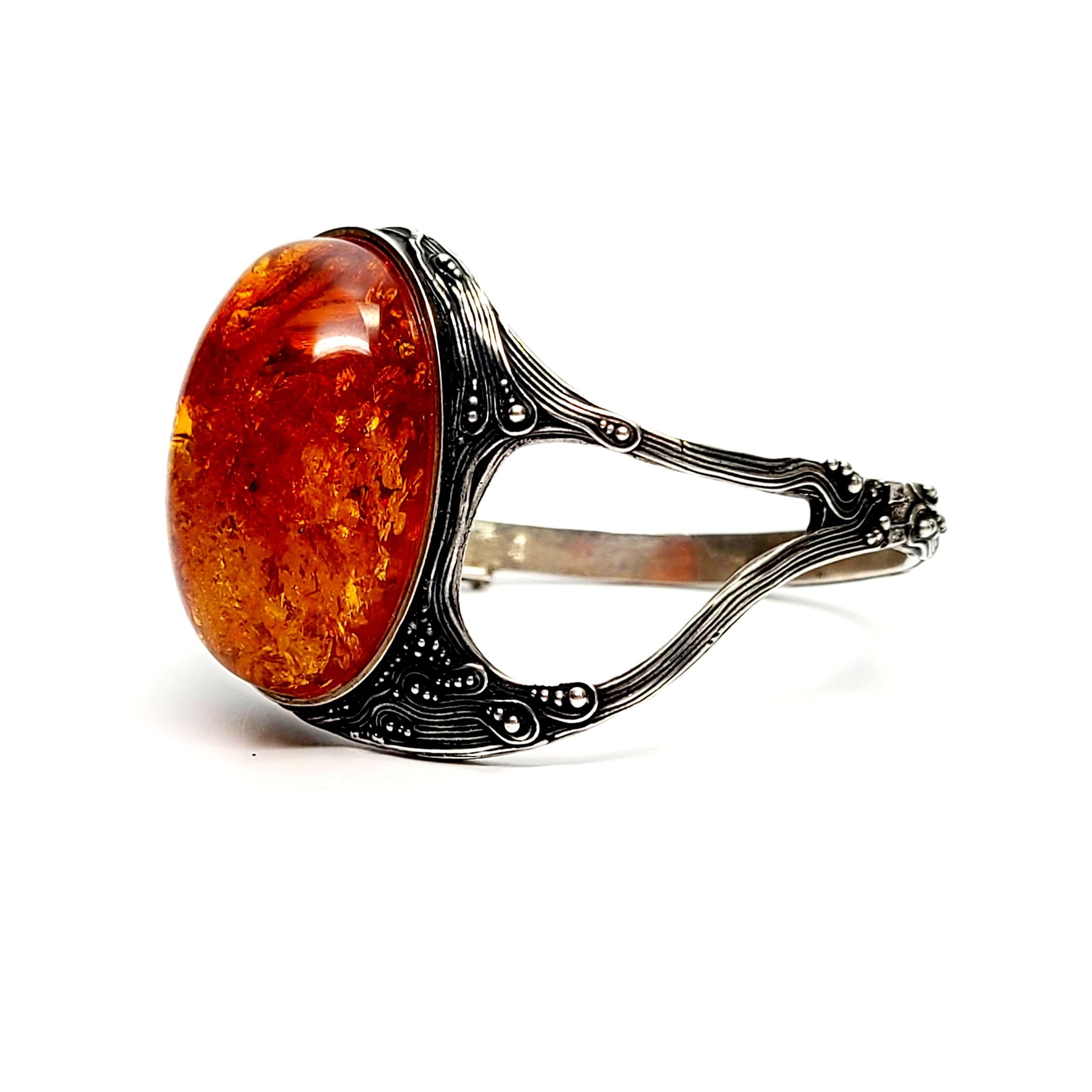 Women's or Men's Sterling Silver Textured Large Amber Hinged Bangle Bracelet