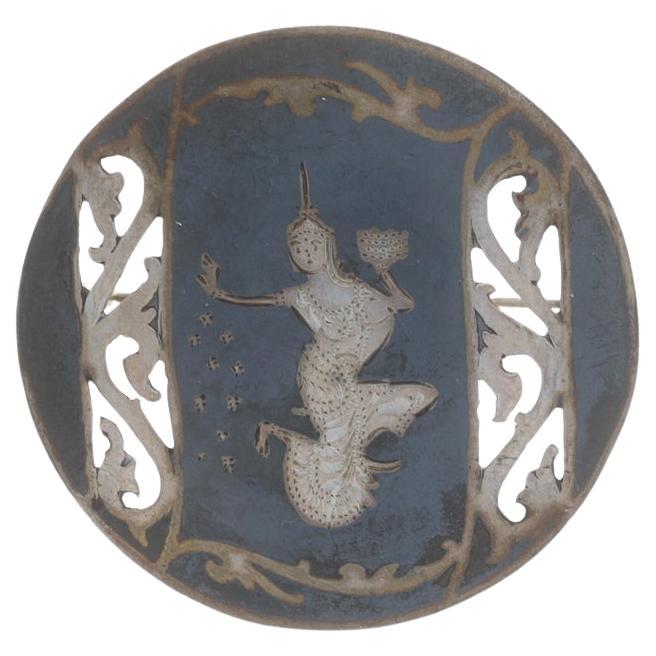 Sterling Silver Thai goddess Niello Circle Brooch - 925 Round Pin
