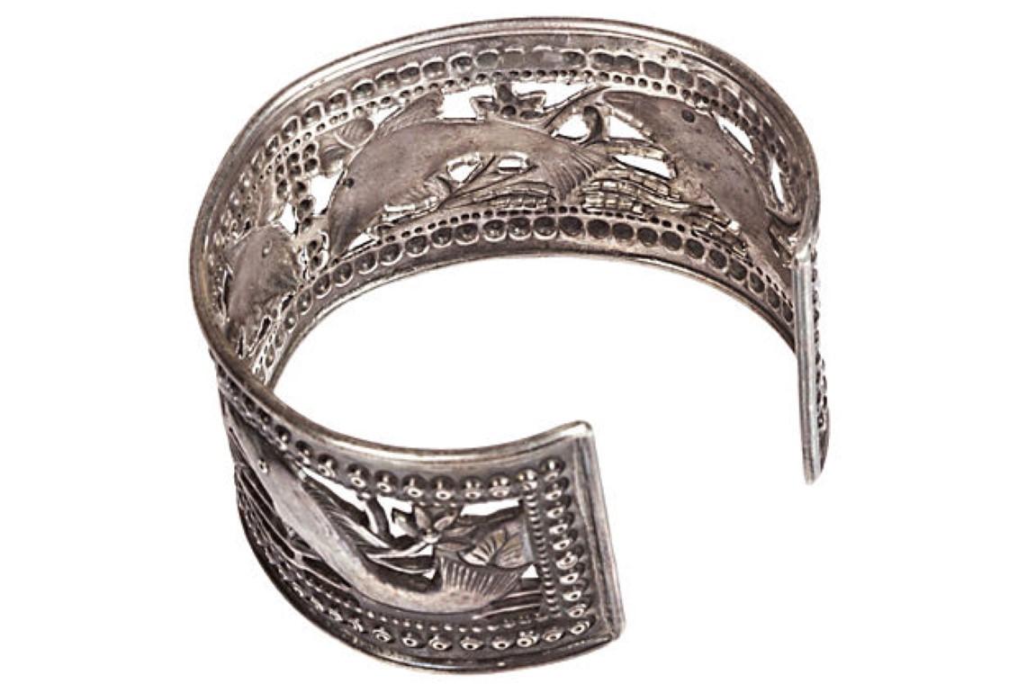 Artisan Sterling Silver Tibetan Repoussé Fish Cutout Cuff Bracelet For Sale