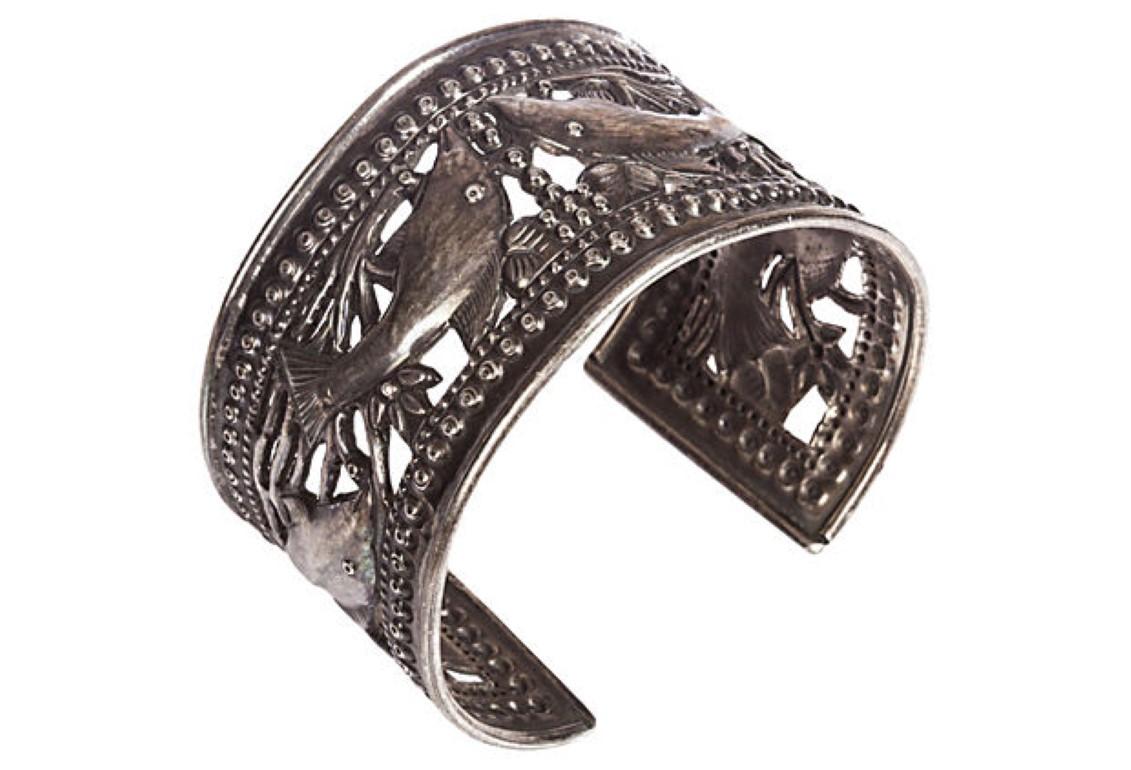 Sterling Silver Tibetan Repoussé Fish Cutout Cuff Bracelet In Good Condition For Sale In New York, NY