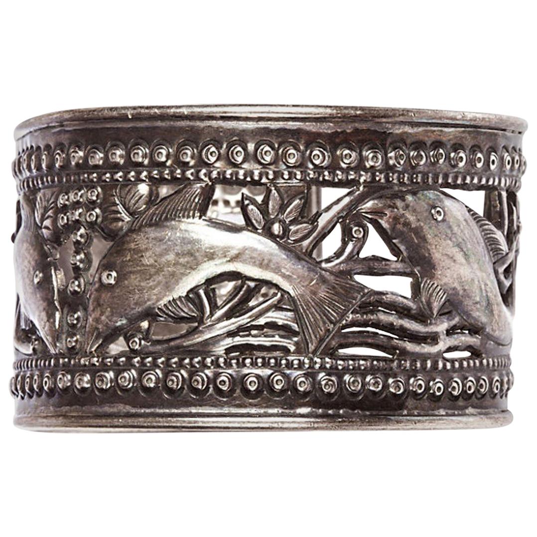 Sterling Silver Tibetan Repoussé Fish Cutout Cuff Bracelet For Sale