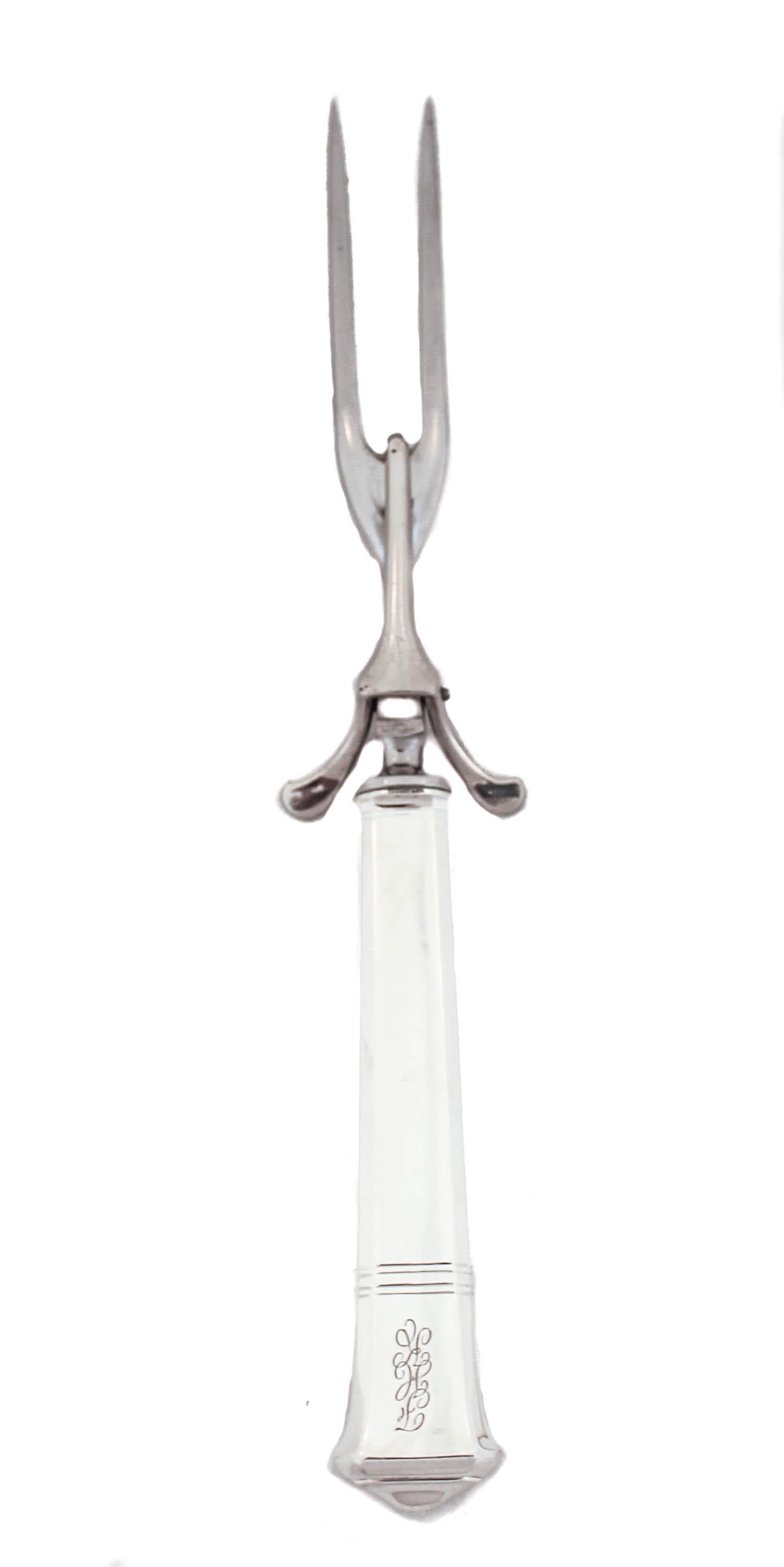 Being offered is a sterling silver three-piece carving set in “Windham” pattern by Tiffany & CO, circa 1950.  The set includes a carving fork and knife and a sharpening steel to keep your blade in pristine condition.  The “Windham” pattern is known