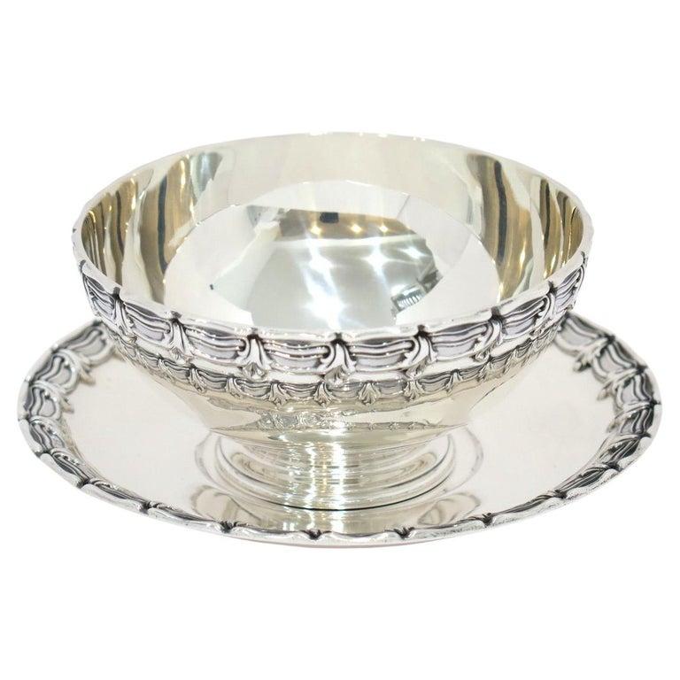 Sterling Silver Tiffany and Co. Vintage Foliate Pattern Rim Bowl and Saucer Set For Sale at 1stDibs