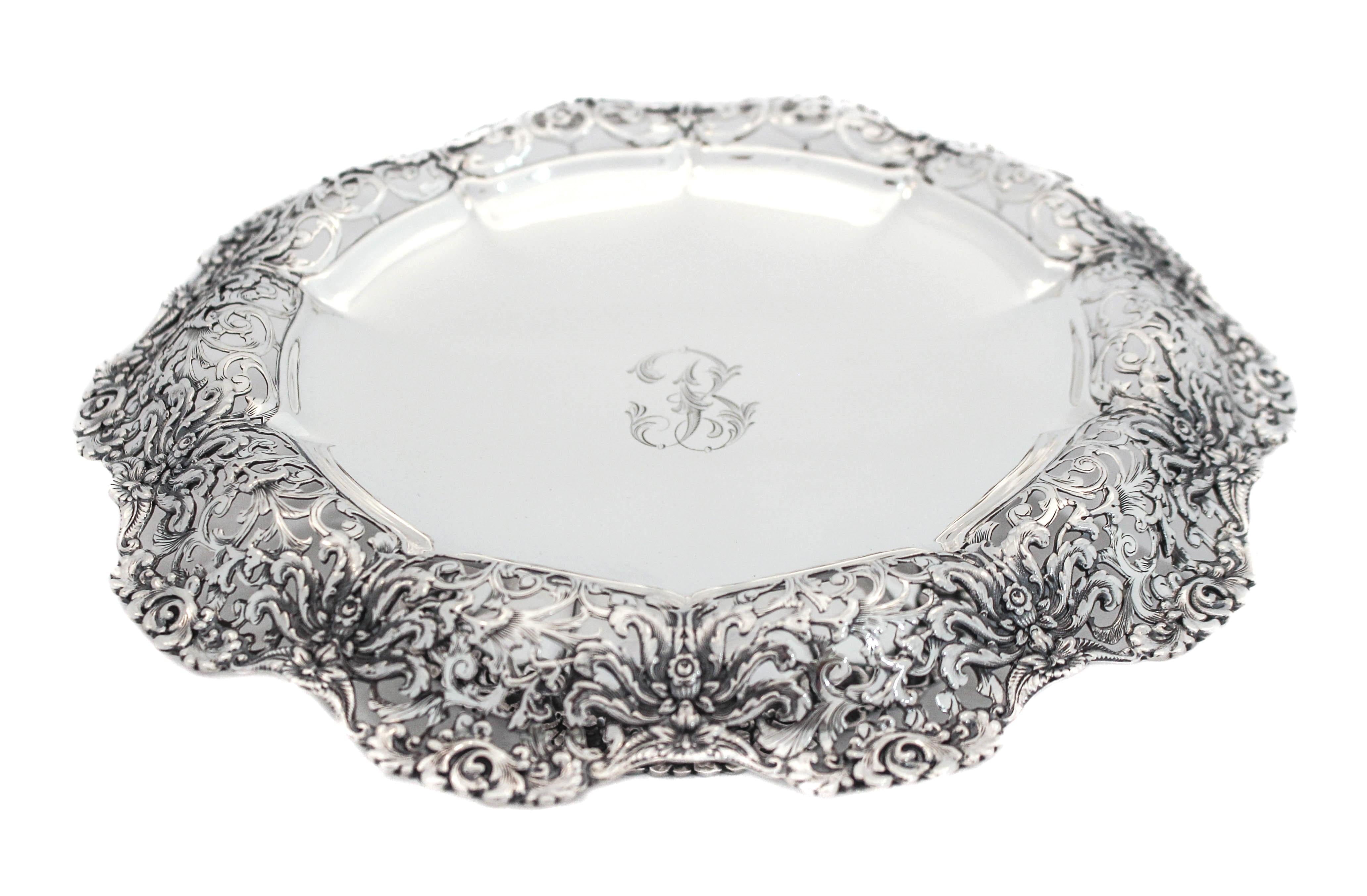 If antique sterling silver Tiffany & Co. pieces peak your interest, read on. This sterling tazza has detailed reticulated lattice work around the scalloped border. The base has similar work and is not weighted. The center is flat so it’s no problem