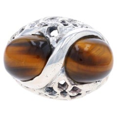 Sterling Silver Tiger Eye Two-Stone Ring - 925 Oval Cabochon