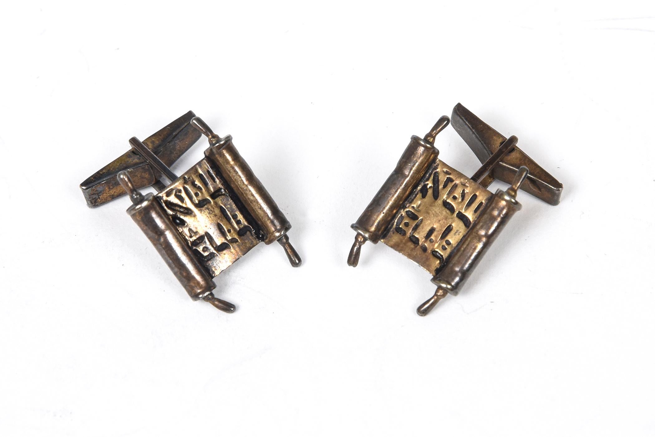 Vintage mid 20th century sterling silver pierced torah scroll cufflinks from a Rabbi's estate.  Marked sterling and Michaud.  They have a 