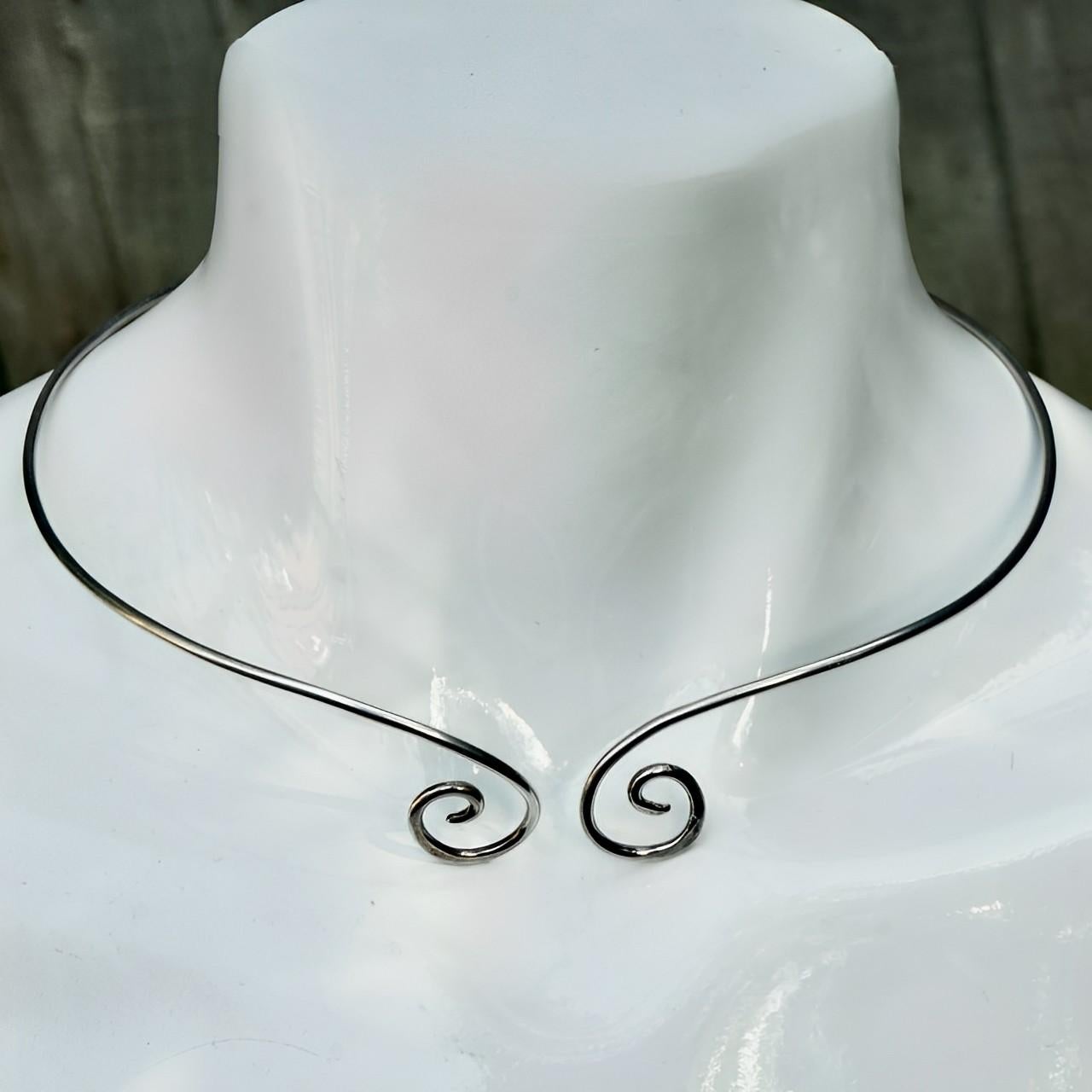 Sterling Silver Torque Collar Necklace with Swirl Detail 1990s 2