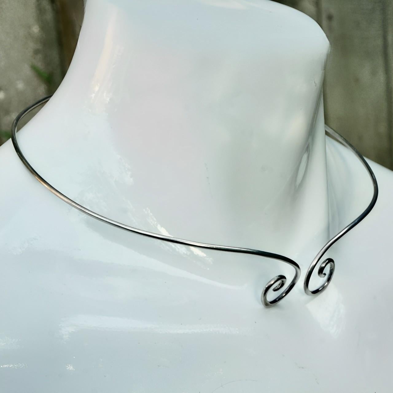 Sterling Silver Torque Collar Necklace with Swirl Detail 1990s 3