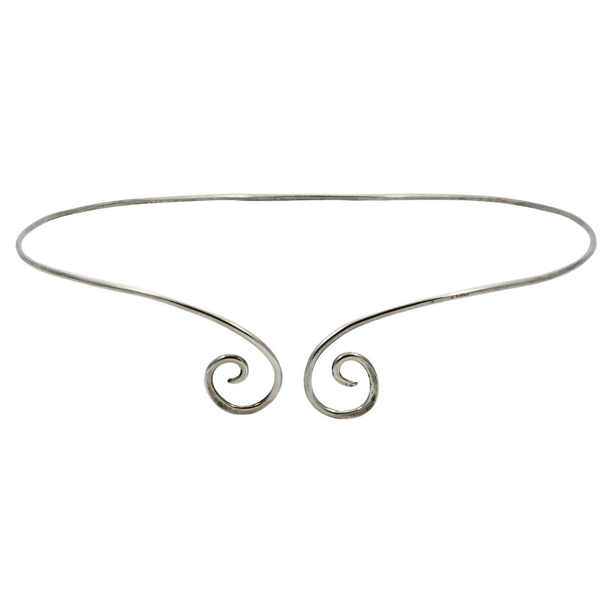 Sterling Silver Torque Collar Necklace with Swirl Detail 1990s