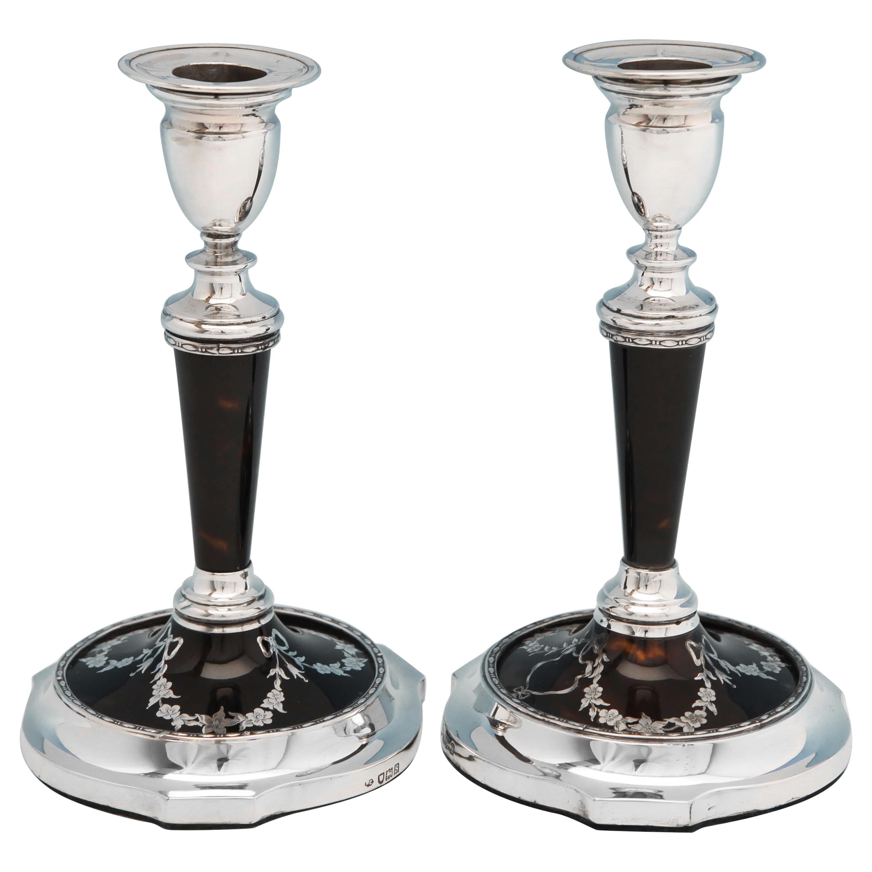 Neoclassical Revival Antique Tortoiseshell & Sterling Silver Candlesticks 1913
