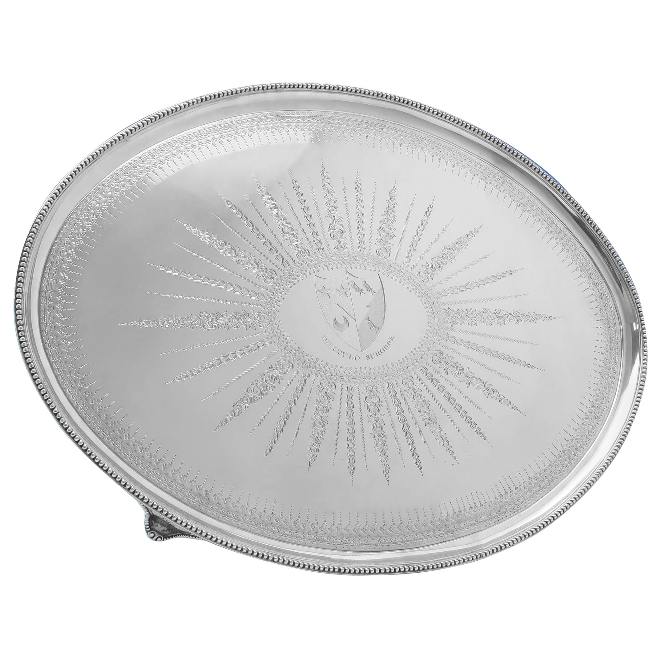 Large Engraved George III Neoclassical Sterling Silver Salver or Tray from 1784
