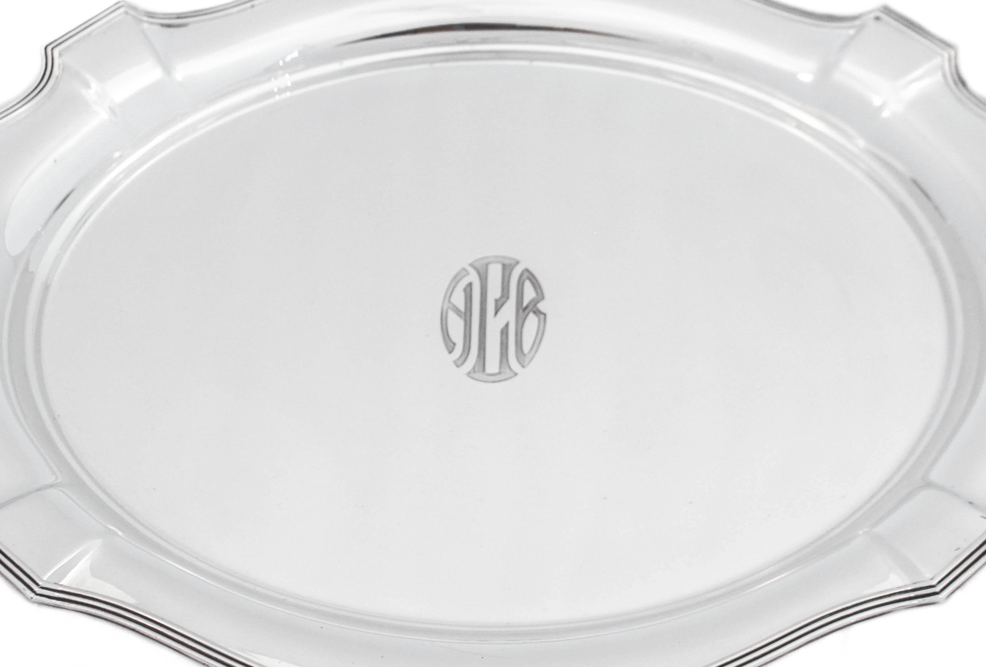 We are happy to offer you this sterling silver tray made by Gorham Silversmiths, hallmarked 1927. Designed in the iconic “Plymouth” pattern, this tray has been restored to it’s original glory; dents and dings removed, scratches buffed out. Other