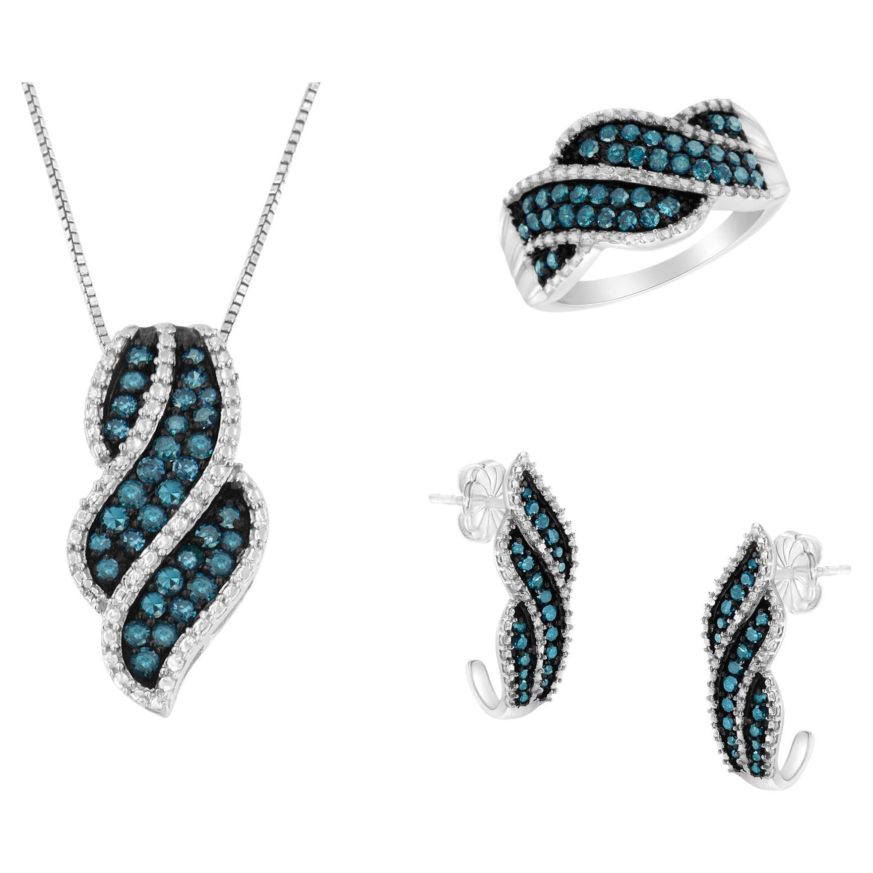 Set aus Sterling Silber und behandelten blauen Diamanten: Ring, Anhänger, Halskette und Ohrringe im Angebot