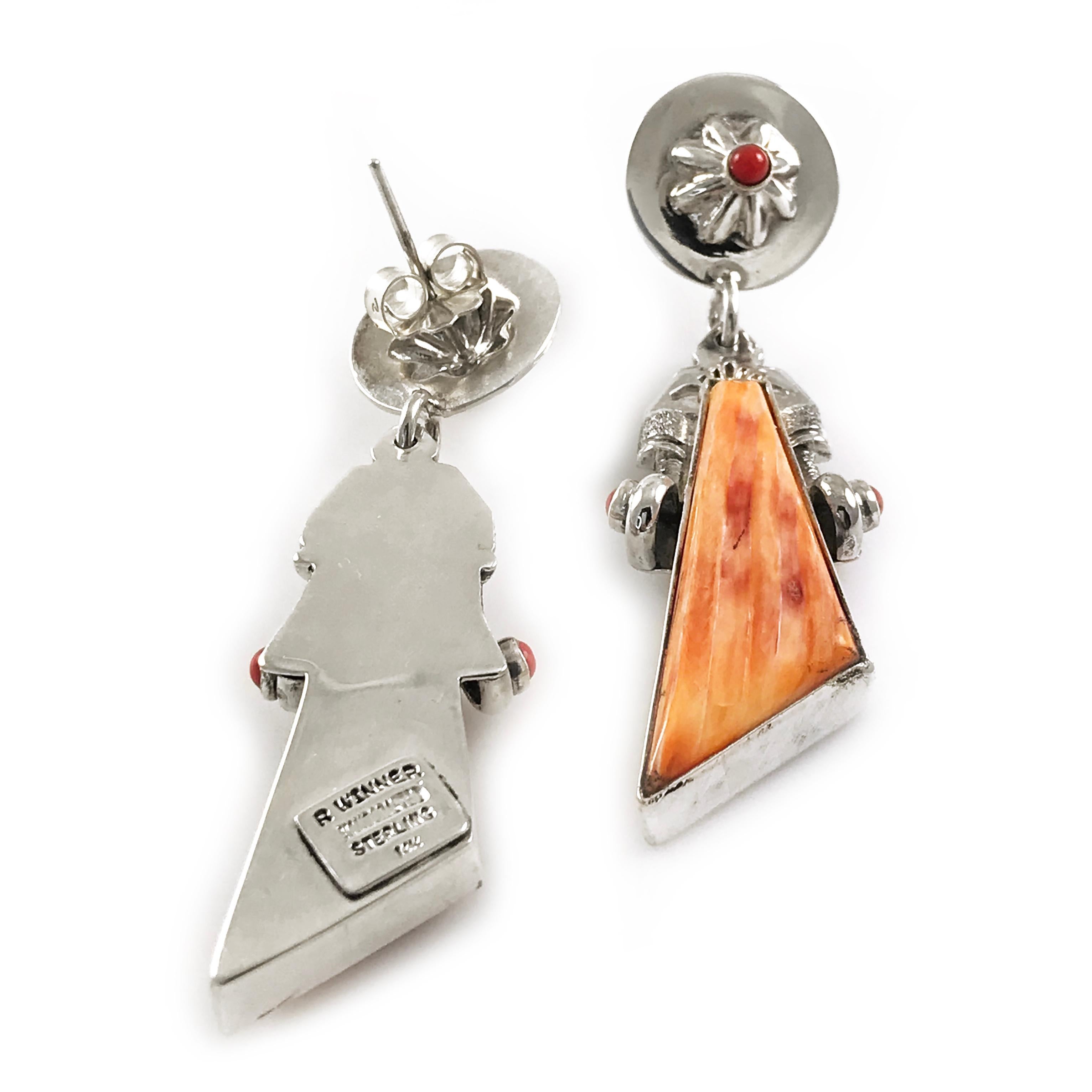 Native American Sterling Silver Triangle Spiny Oyster Coral Kachinas Earrings