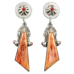 Sterling Silver Triangle Spiny Oyster Coral Kachinas Earrings
