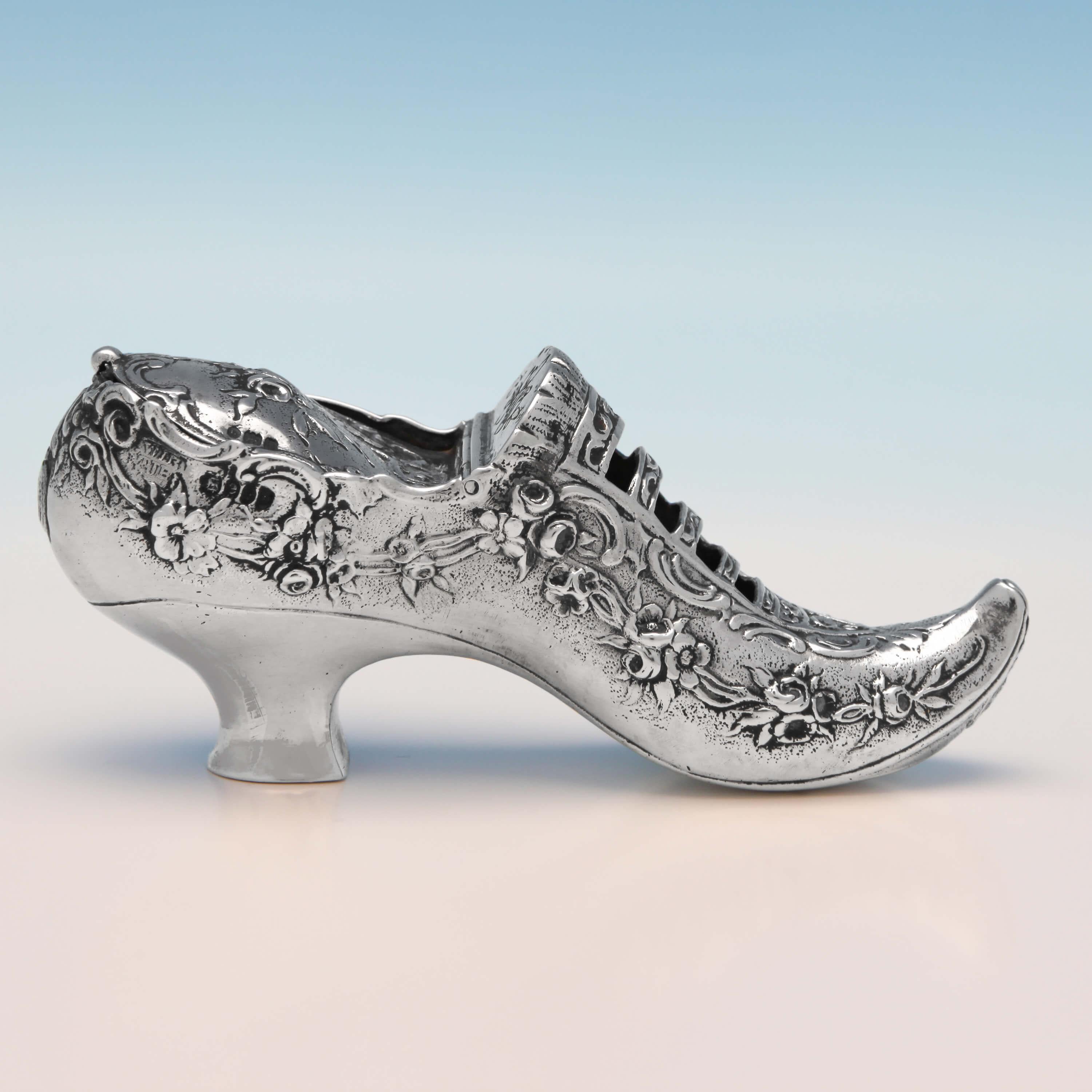 English Victorian Novelty Sterling Silver Trinket Box Modelled as a Shoe