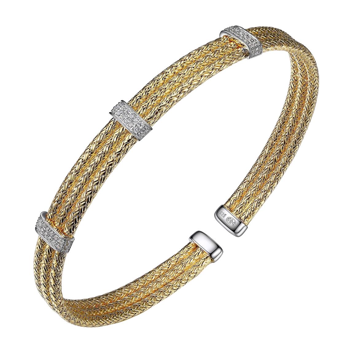 Sterling Silver Triple 2mm Mesh Cuff with CZ, 18K Gold and Rhodium Finish
