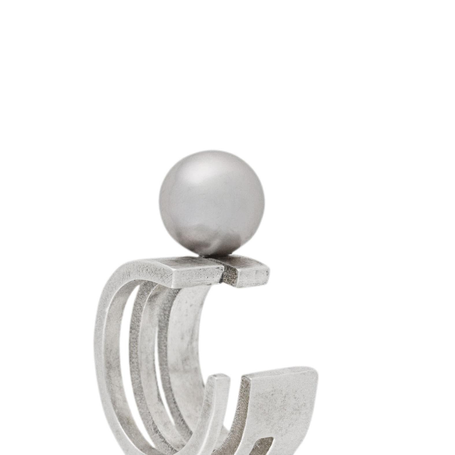 Artisan Sterling Silver Triple Line Pearl Ear cuff Earring For Sale