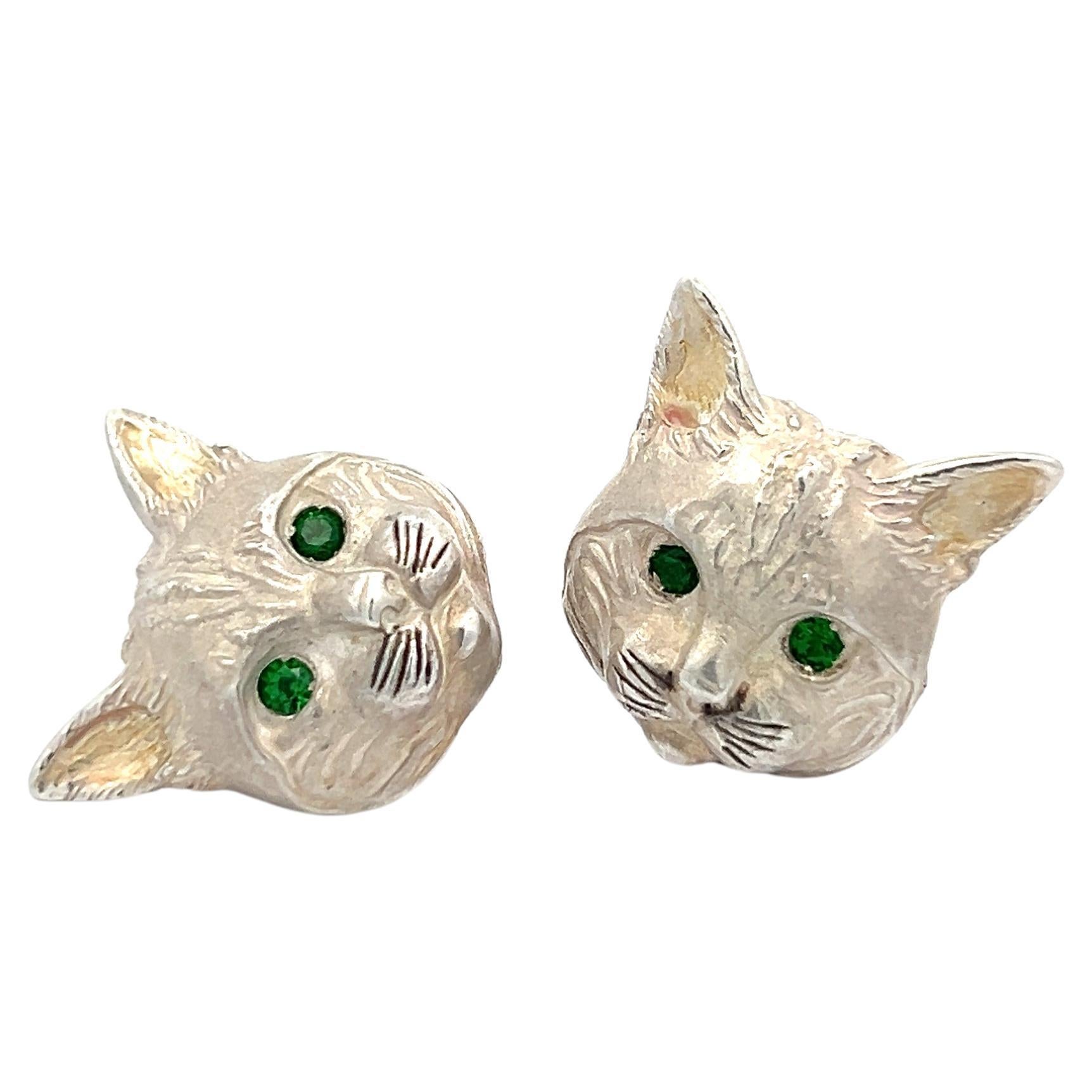 Sterling Silver Tsavorite Pet Cat Earrings For Sale
