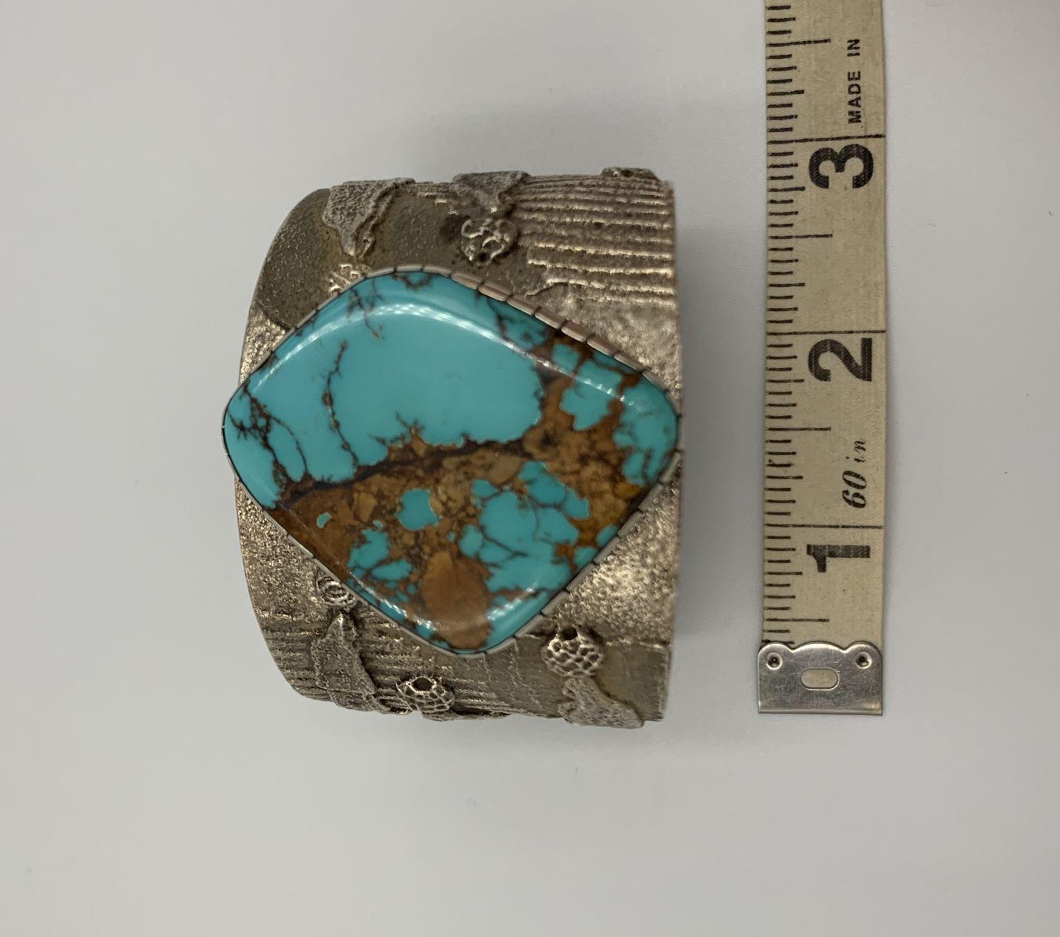 Sterling Silver tufa cast cuff with turquoise stone by Darryl and Rebecca Begay For Sale 3