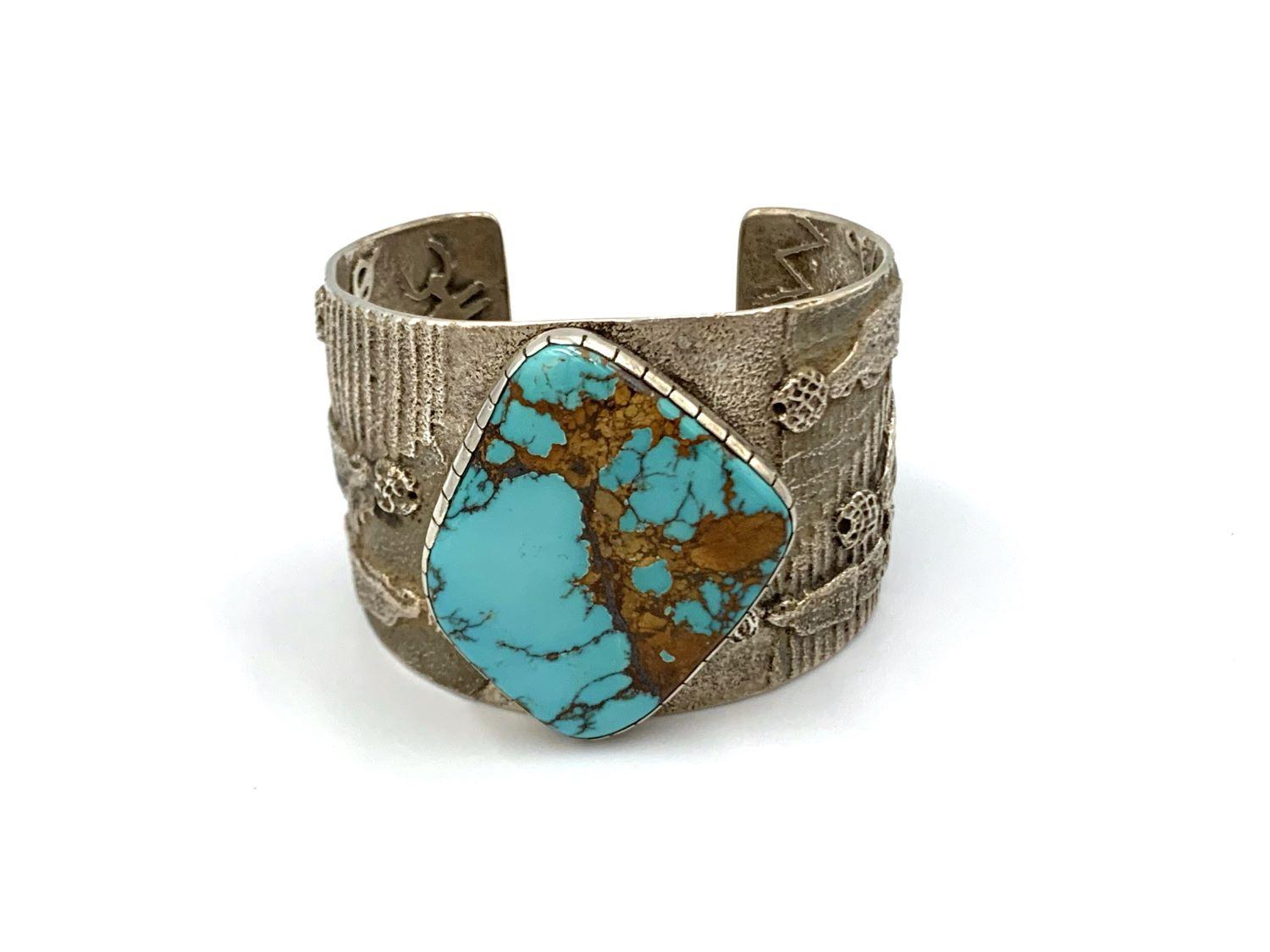 Women's or Men's Sterling Silver tufa cast cuff with turquoise stone by Darryl and Rebecca Begay For Sale