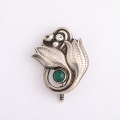 Sterling  Silver Tulip Form Brooch W/ Emerald Cabochon by Georg Jensen