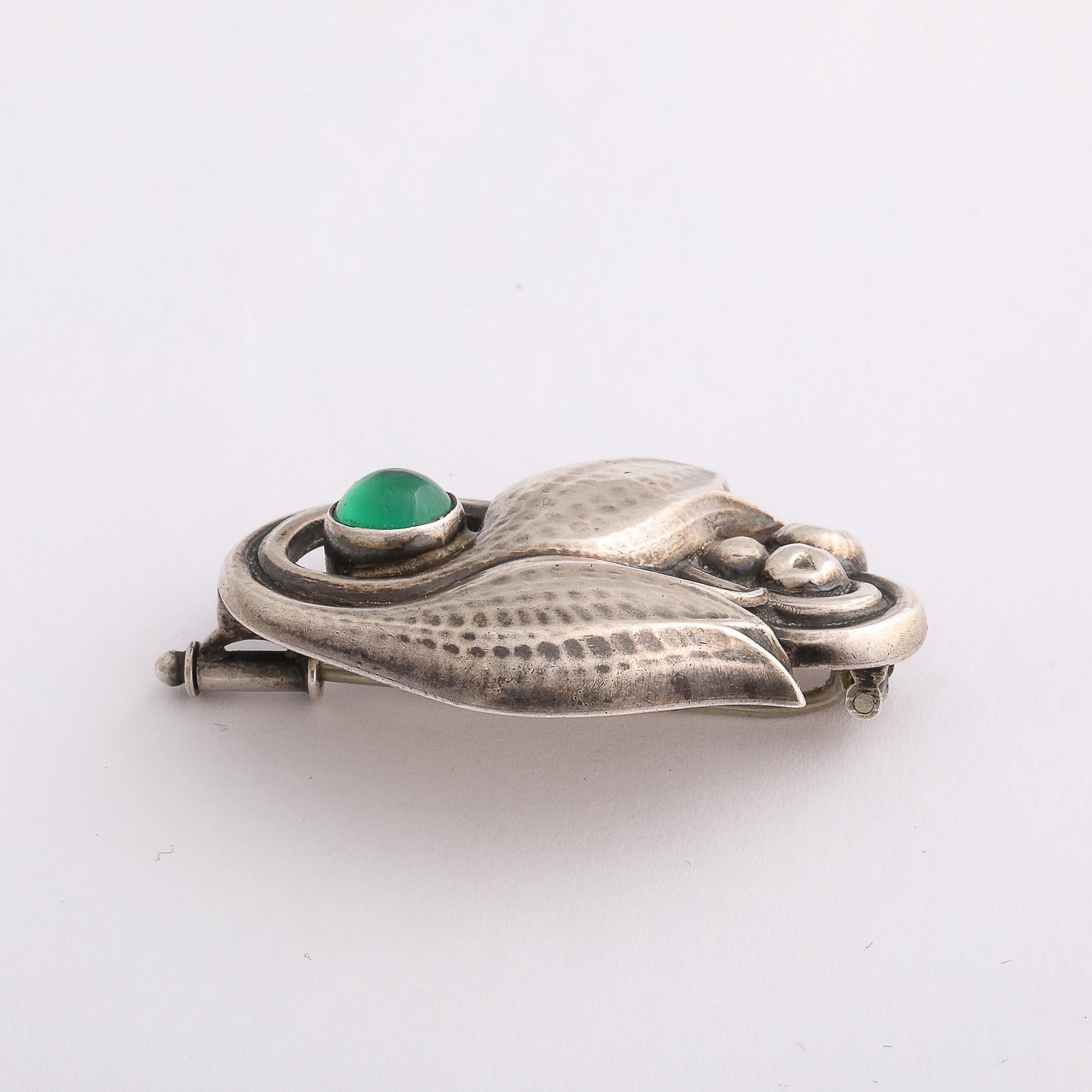 Art Deco Sterling  Silver Tulip Form Brooch W/ Emerald Cabochon by Georg Jensen For Sale