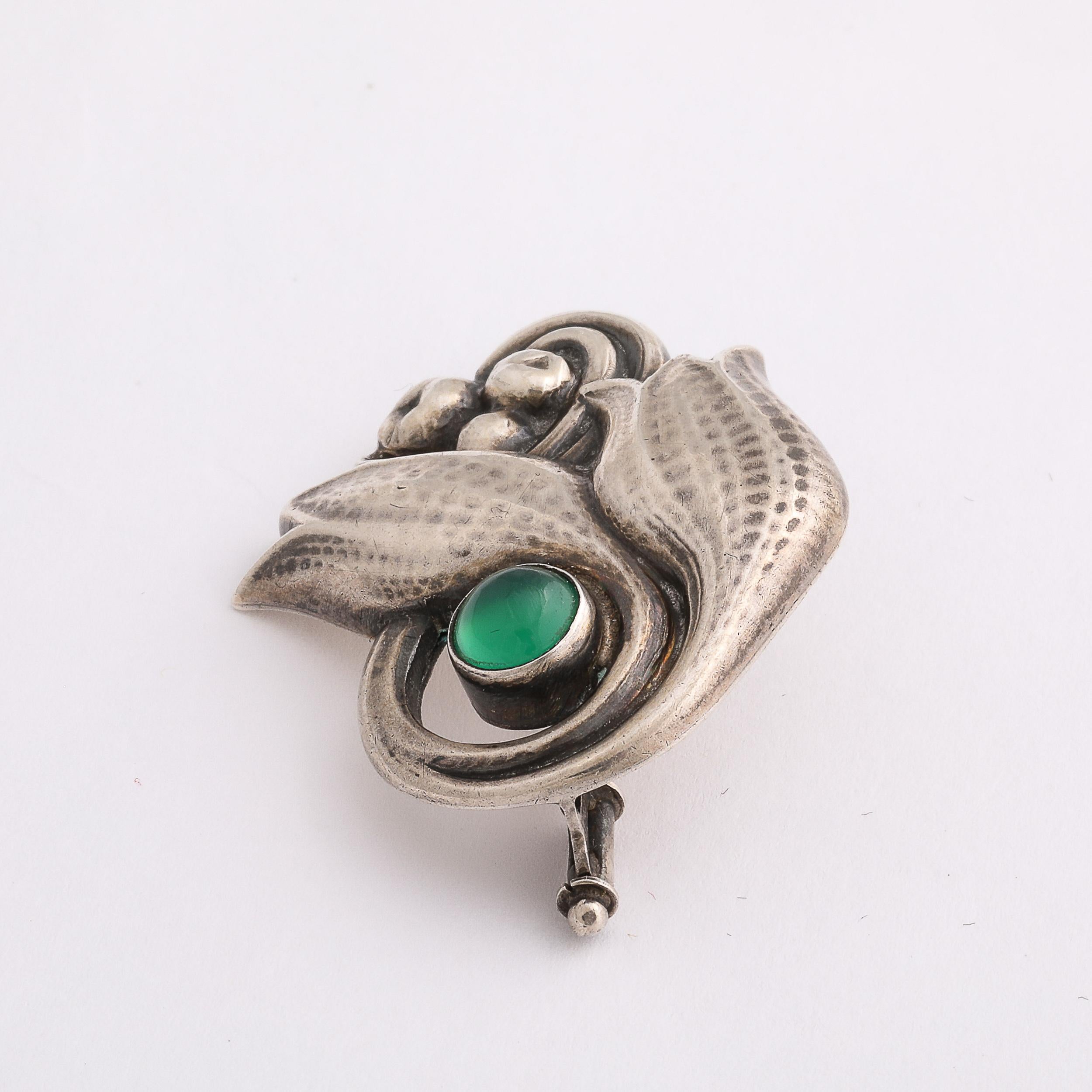 Emerald Cut Sterling  Silver Tulip Form Brooch W/ Emerald Cabochon by Georg Jensen For Sale