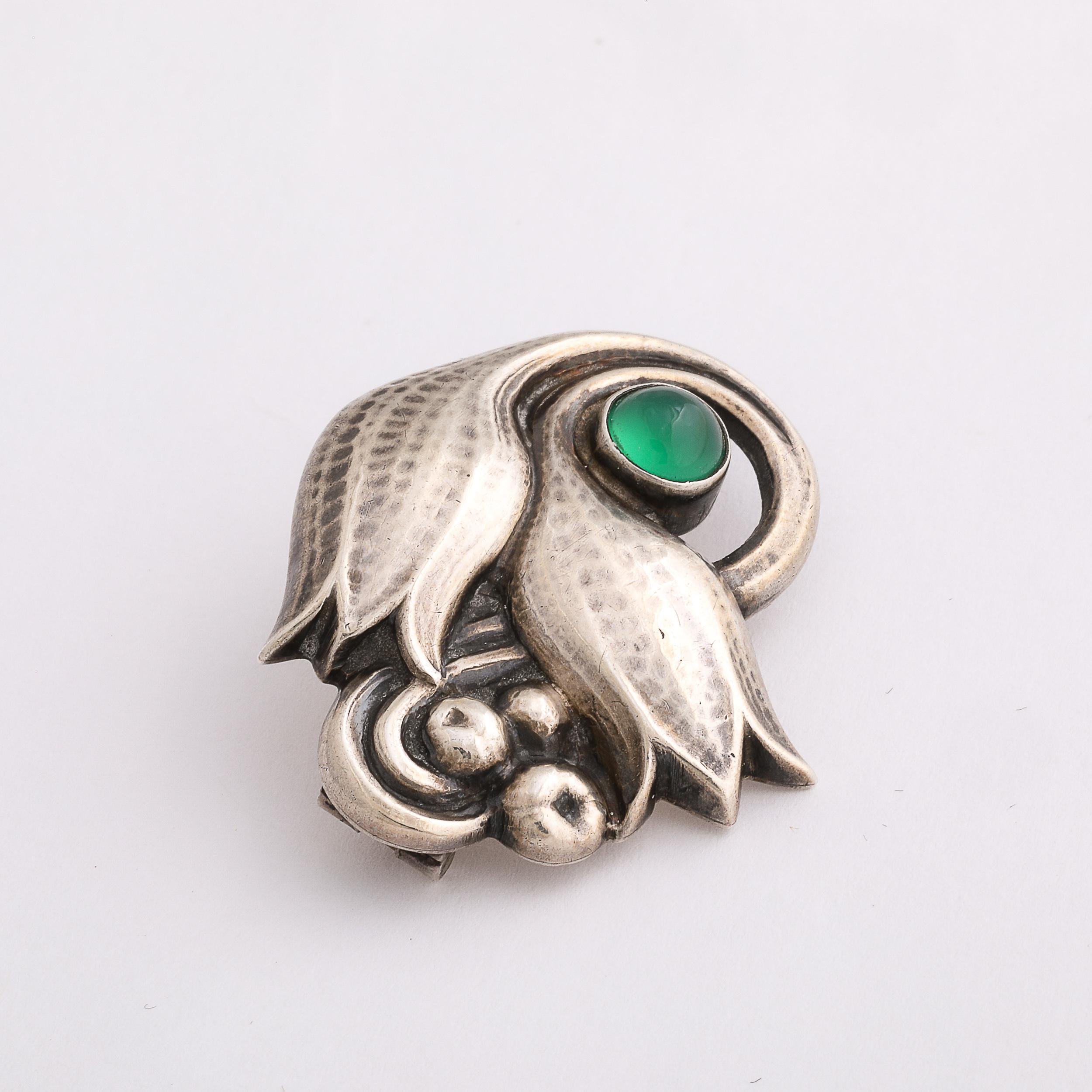 Women's or Men's Sterling  Silver Tulip Form Brooch W/ Emerald Cabochon by Georg Jensen For Sale