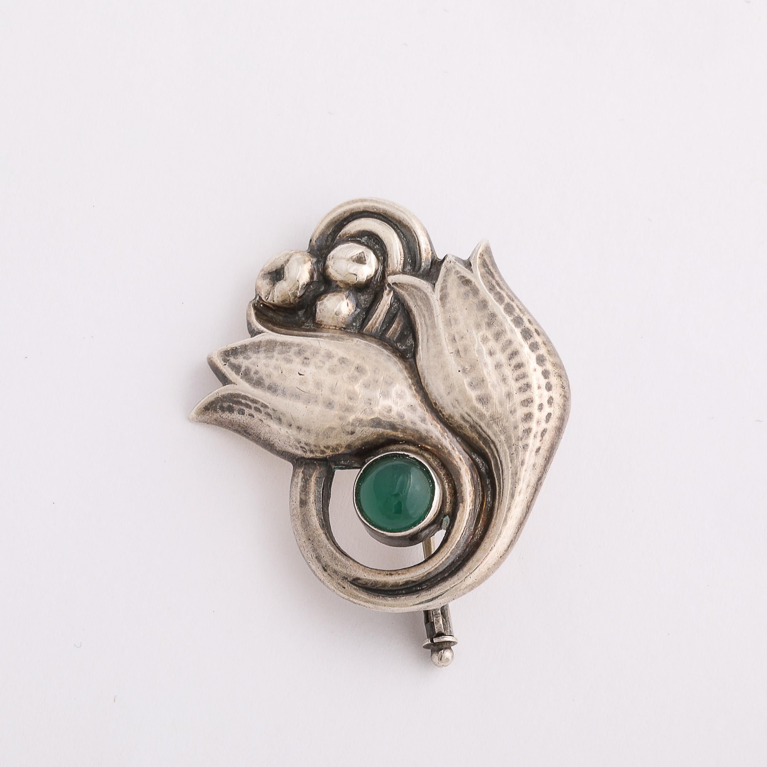 Sterling  Silver Tulip Form Brooch W/ Emerald Cabochon by Georg Jensen For Sale 2