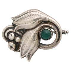 Sterling  Silver Tulip Form Brooch W/ Emerald Cabochon by Georg Jensen