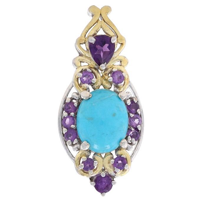 Sterling Silver Turquoise & Amethyst Pendant - 925 Gold Plated For Sale